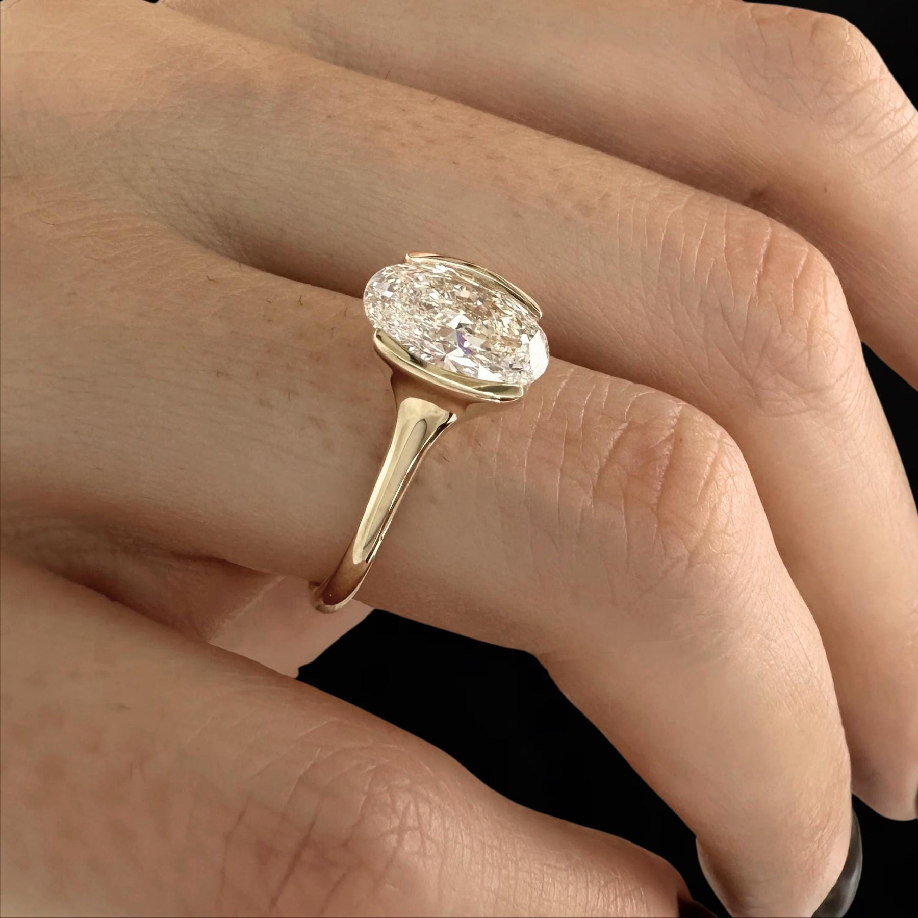2 Carat Oval Lab Grown Diamond Ring / Half Bezel Set Engagement Ring / Unique Oval Ring / Oval Solitaire Ring / Cathedral Diamond Ring