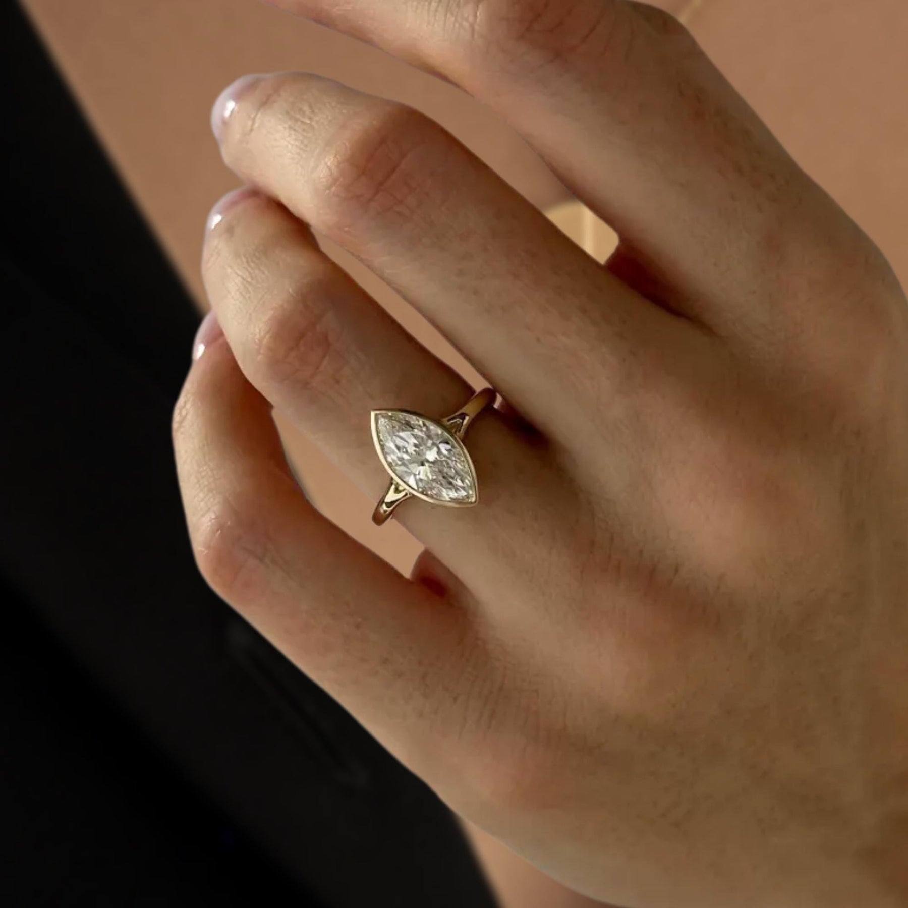 2 Carat Marquise Lab Created Diamond Bezel Set Ring / Split Shank Engagement Ring / 14k Gold Cathedral Solitaire Ring / F VS1 IGI Certified