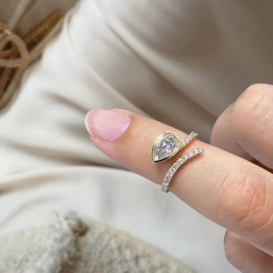 1.00 Carat Pear Cut Lab Grown Diamond Cross Ring, CVD Diamond Solitaire Ring For Wedding Gift, 14K Yellow Gold Anniversary Ring For Her