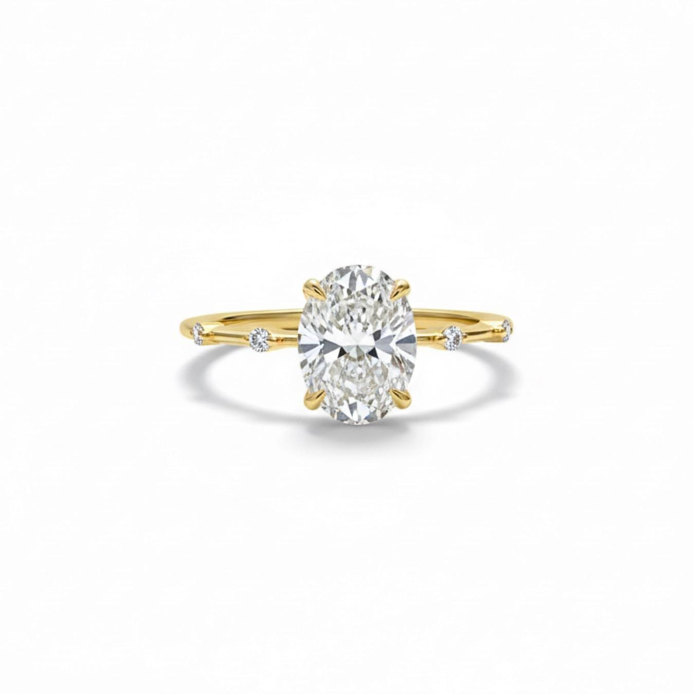 POPULAR STYLE F Color VS1 Clarity IGI Certified Oval Cut Lab Grown Diamond Thin Dainty Solitaire Engagement Ring, Side Rounds 14k Gold