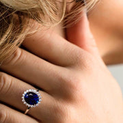 Blue sapphire and moissanite halo engagement ring - Princess Diana, Kate Middleton available in white gold or sterling silver