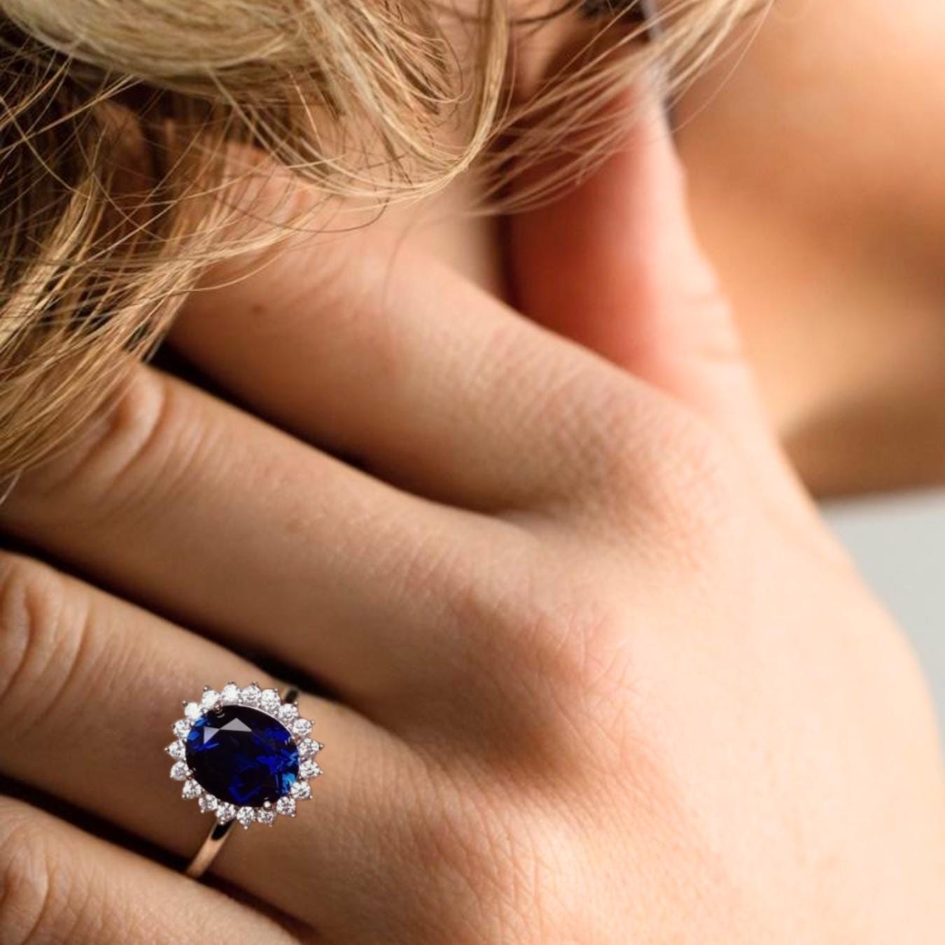Blue sapphire and moissanite halo engagement ring - Princess Diana, Kate Middleton available in white gold or sterling silver