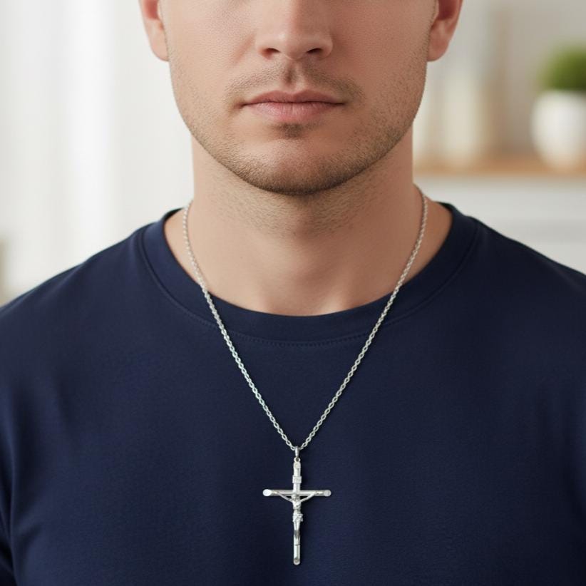 925 Silver Crucifix Necklace Silver Cross Necklace Men Silver Cross Pendant Chain For Man Christian Jewelry For Boyfriend Gift For Man Chain