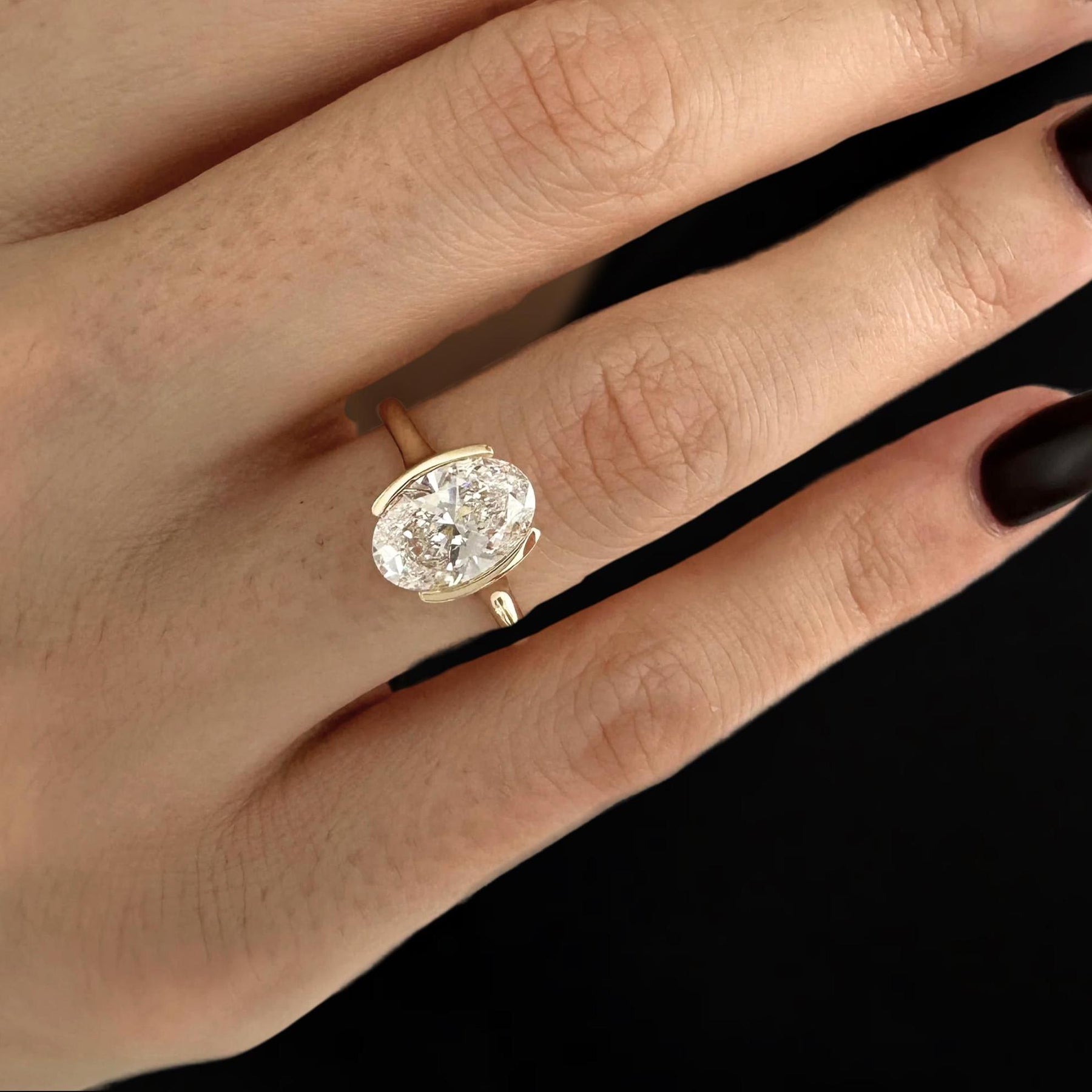 2 Carat Oval Lab Grown Diamond Ring / Half Bezel Set Engagement Ring / Unique Oval Ring / Oval Solitaire Ring / Cathedral Diamond Ring