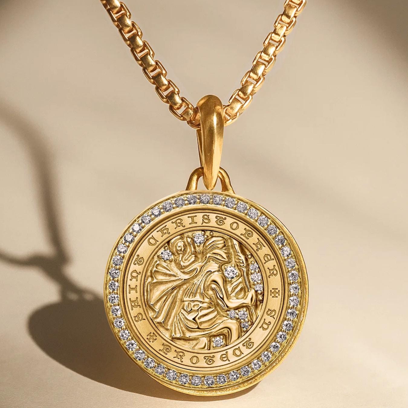 Solid Gold Men's St. Christopher Diamond Medallion Pendant in 14k Solid Gold Lab Diamond