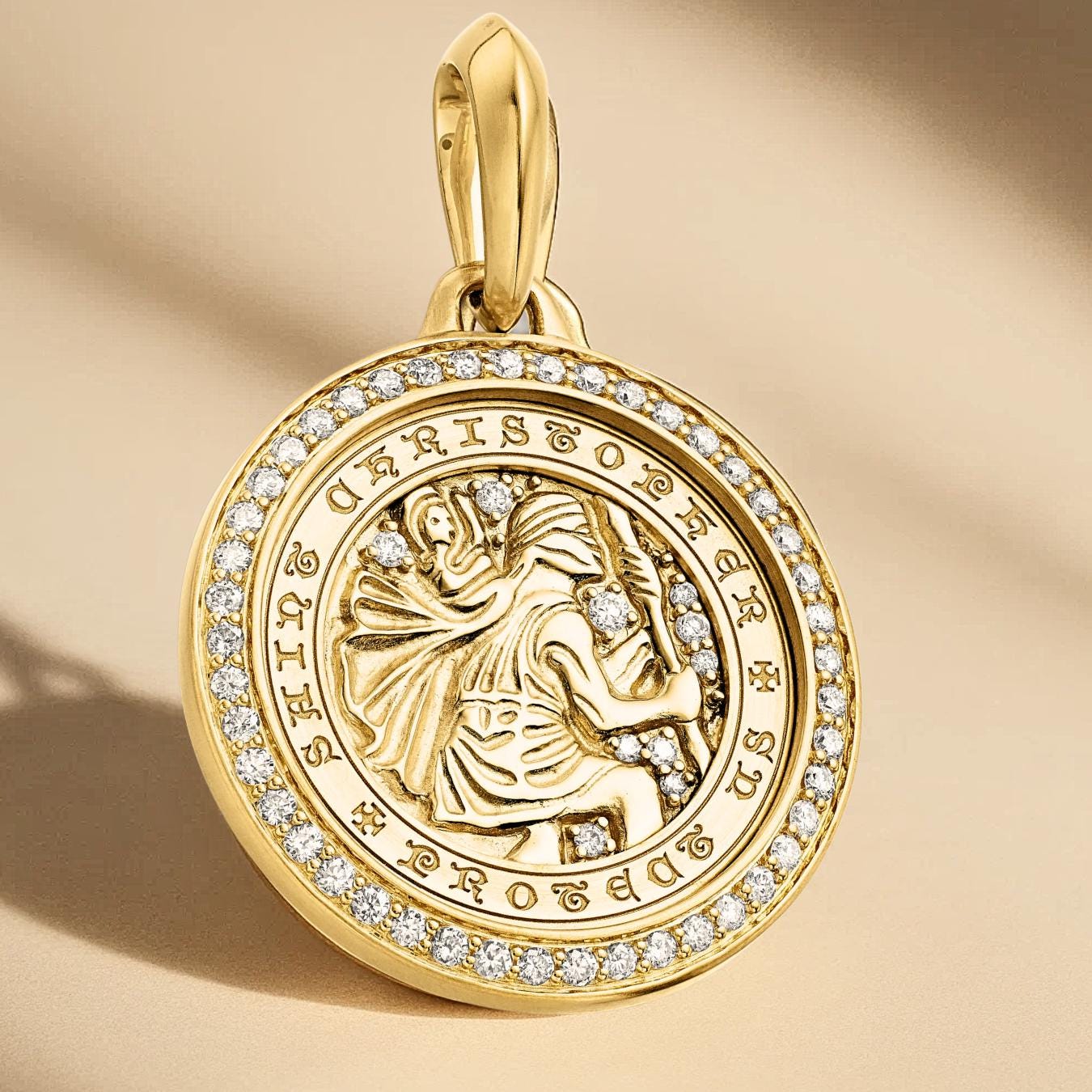 Solid Gold Men's St. Christopher Diamond Medallion Pendant in 14k Solid Gold Lab Diamond