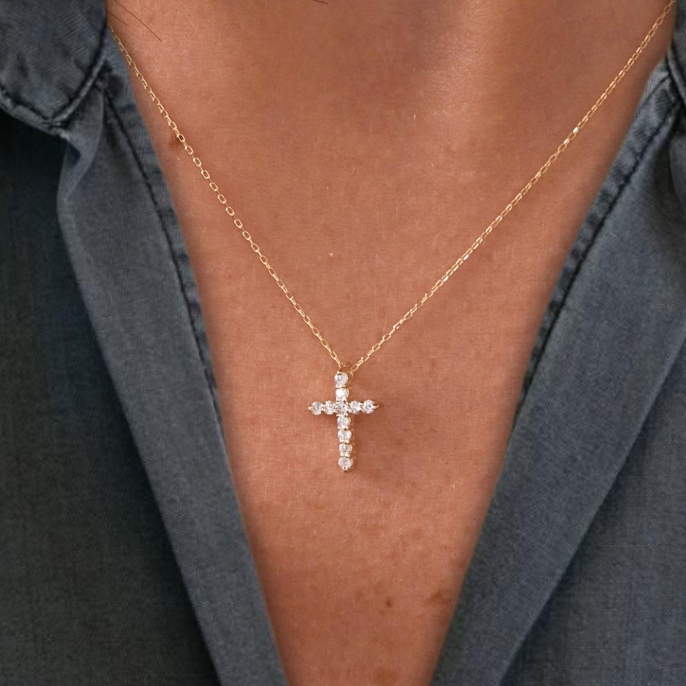 0.14 Ct Diamond Cross Necklace, 14K Gold Lab Grown Diamond Pendant, Unisex