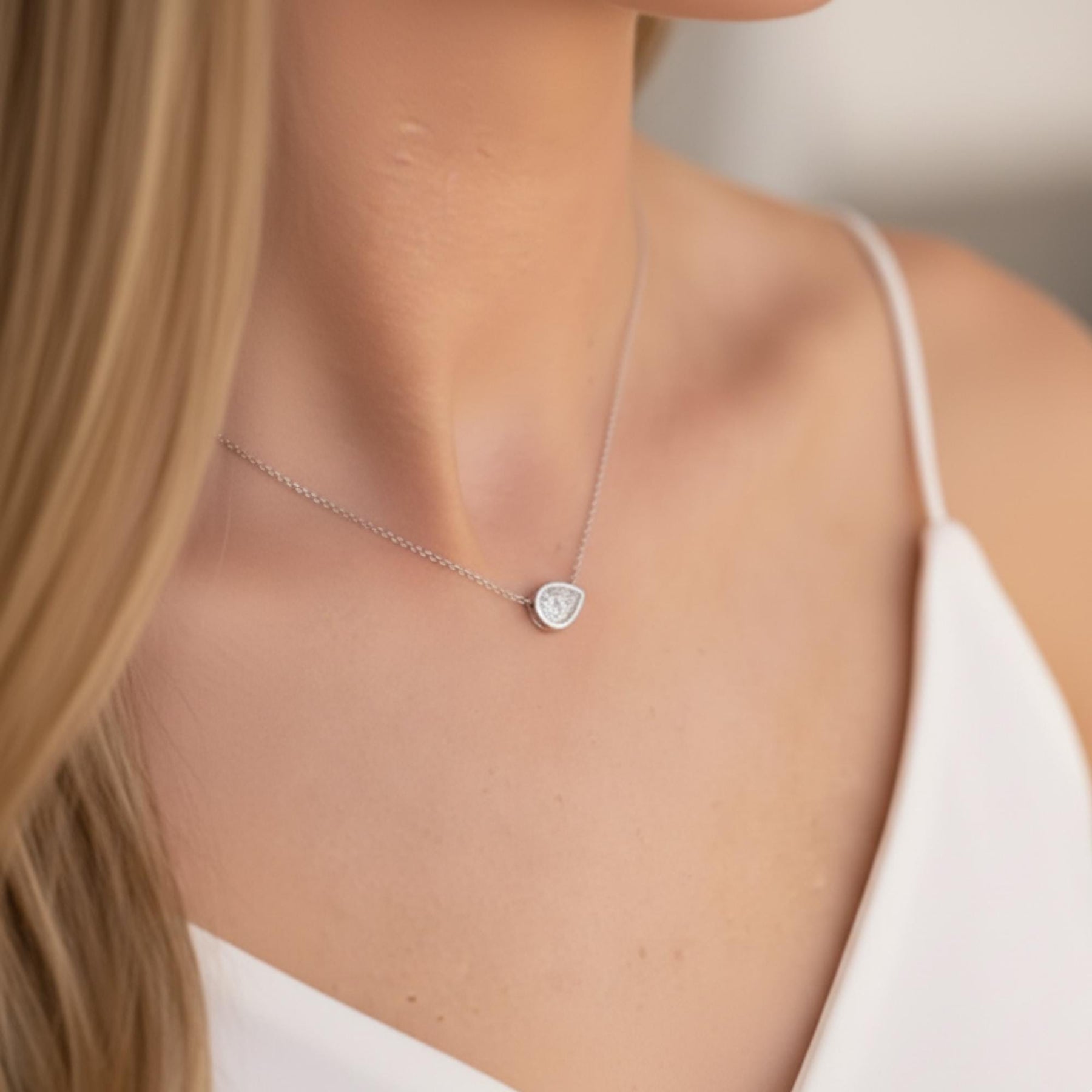 2 Carat Pear Lab Grown Diamond Necklace: 14k Yellow Gold Bezel Solitaire