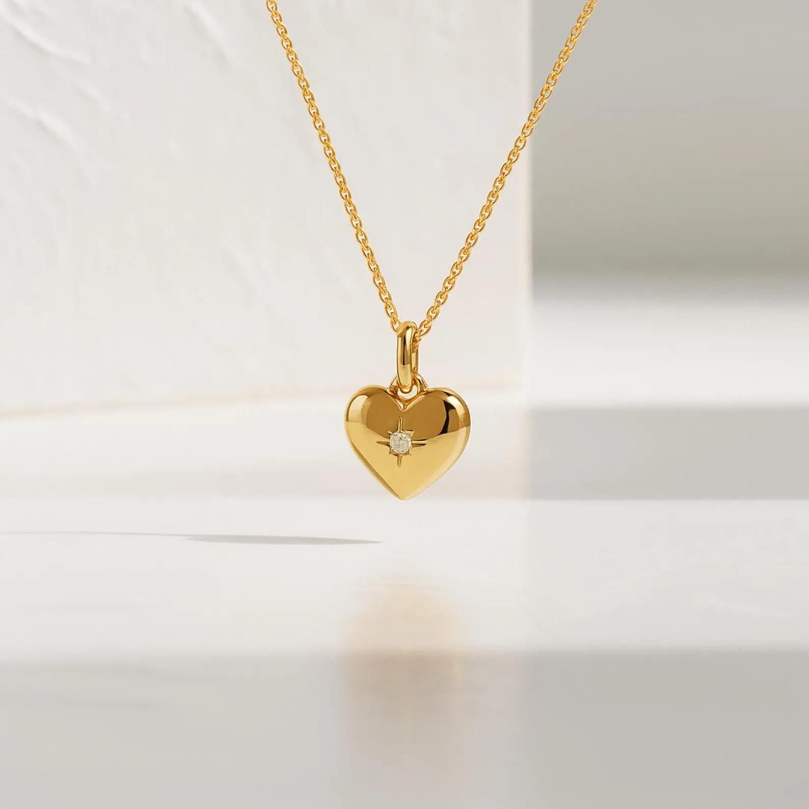 Heart Shaped Diamond Cut Round Diamond Bezel Setting Necklace in 14k Solid Gold / Large Heart Shape Pendant in 14K
