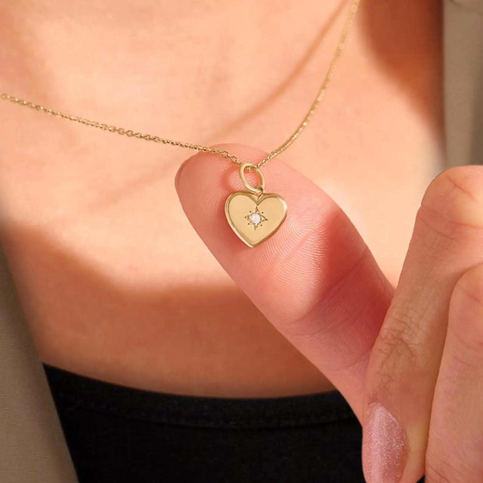Heart Shaped Diamond Cut Round Diamond Bezel Setting Necklace in 14k Solid Gold / Large Heart Shape Pendant in 14K