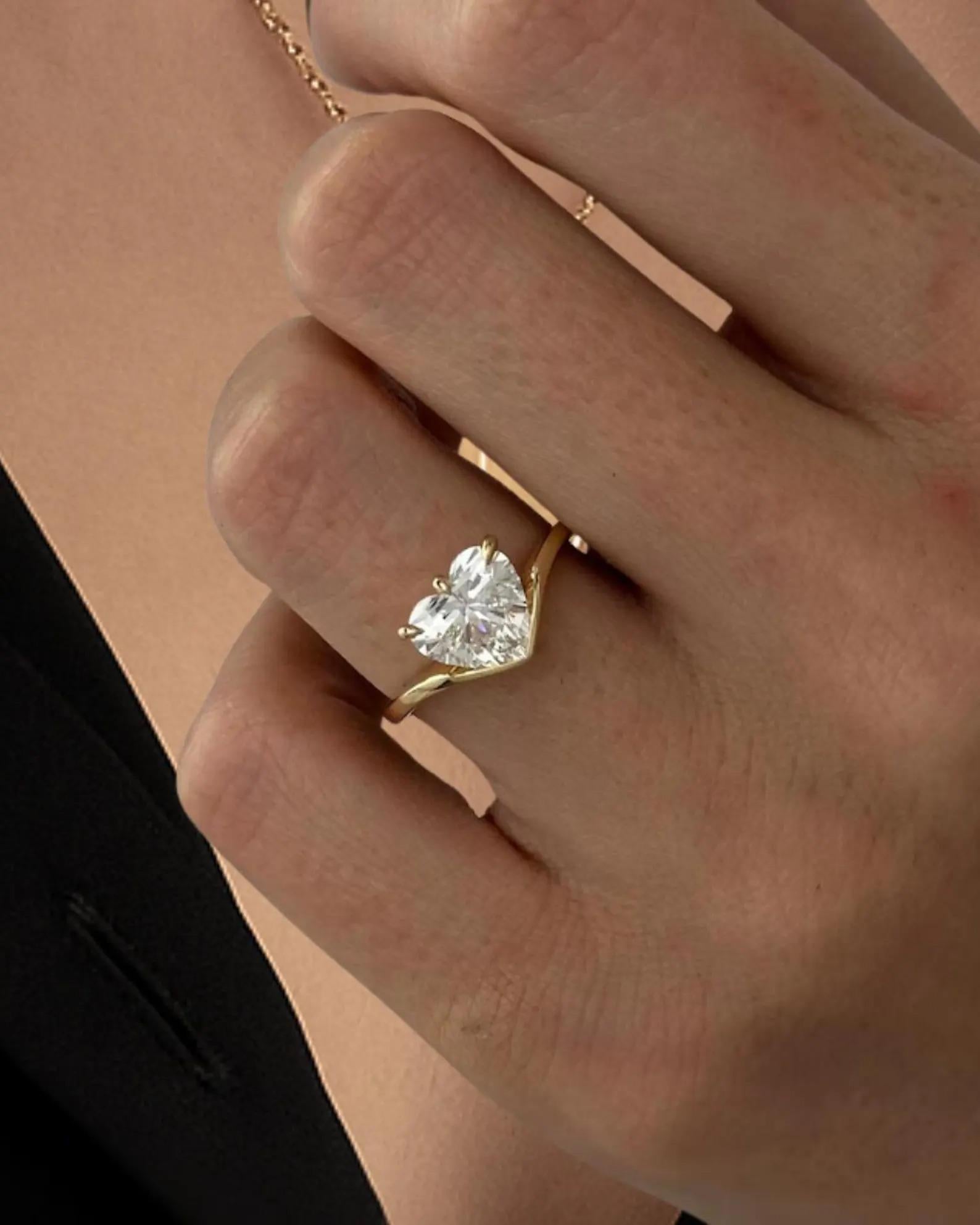 2 Carat Heart Shape Lab Grown Diamond Solitaire Ring , Curved Heart Diamond Engagement Ring , Unique Nested Ring in Yellow Gold, CVD Diamond