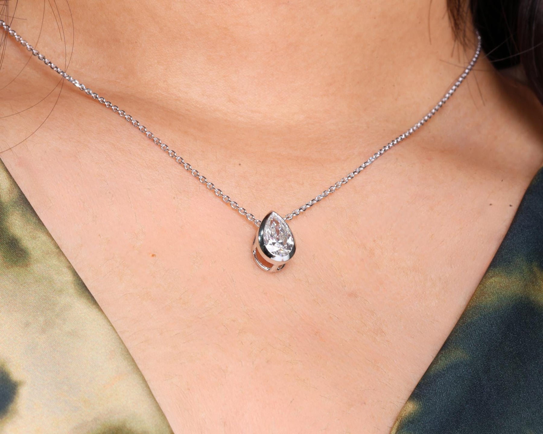 The Elara Pear-Shaped Lab-Grown Diamond Bezel Solitaire Pendant Necklace in 10K or 14K Solid Gold