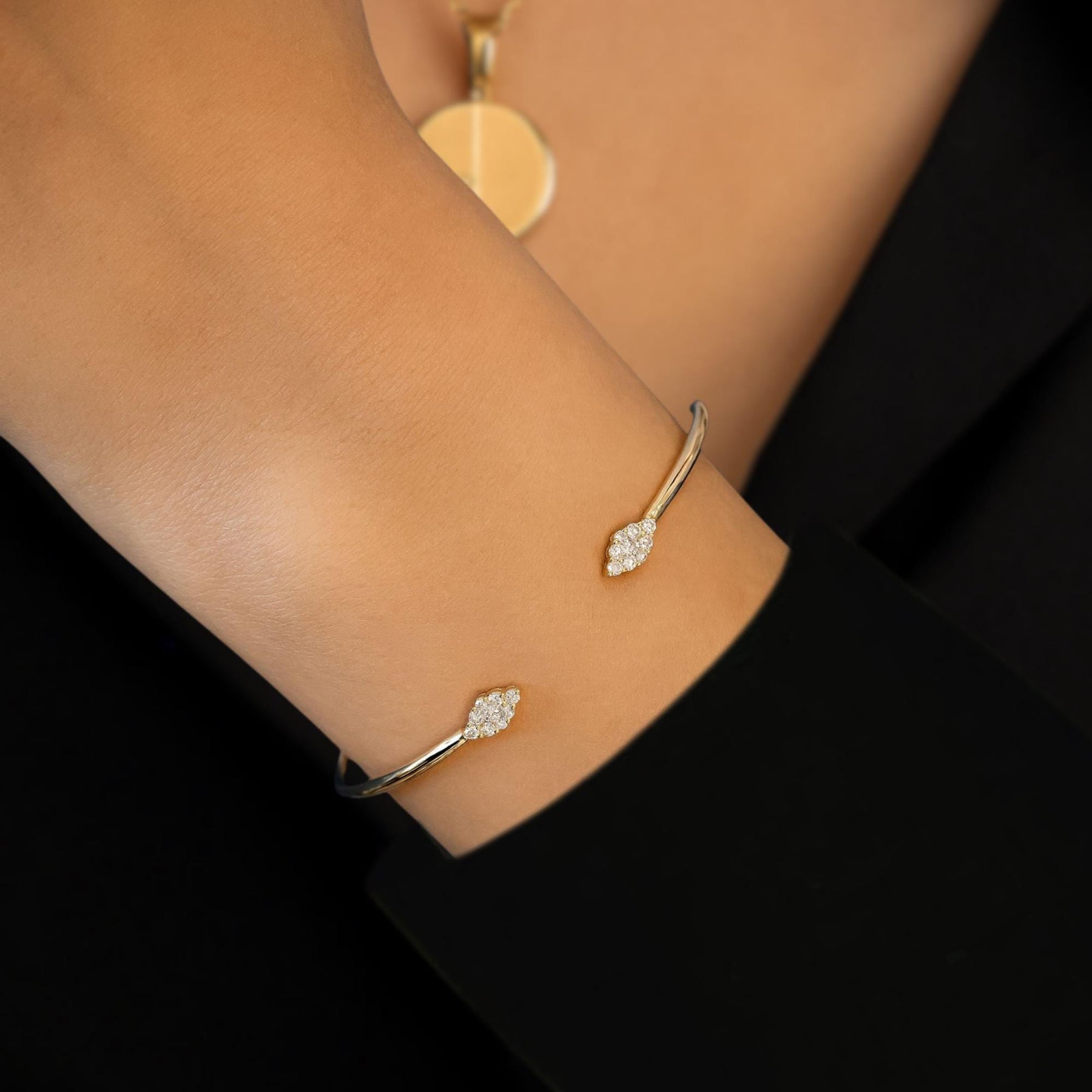 Pear Shape Lab Grown Diamond Open Cuff Bangle, Round Diamond Daily Wear Bangle, 14K Solid Gold Bangle, Conflict Free Diamond Wedding Bangle