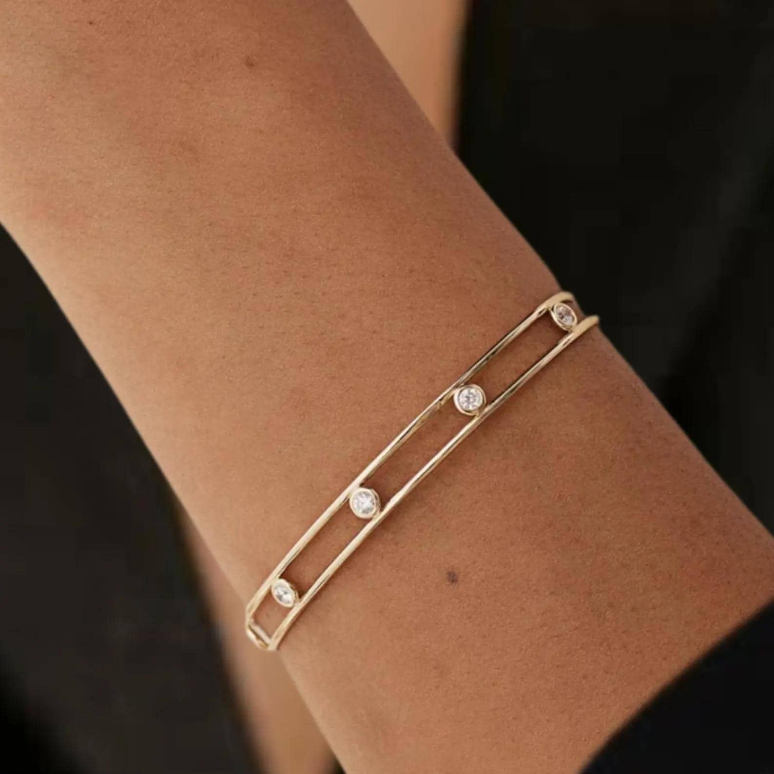 14K Gold Round Cut Diamond Bangle Bracelet Dainty Diamond Gold Cuff Bangle Bracelet Unique Diamond Bracelet Gifts For Women