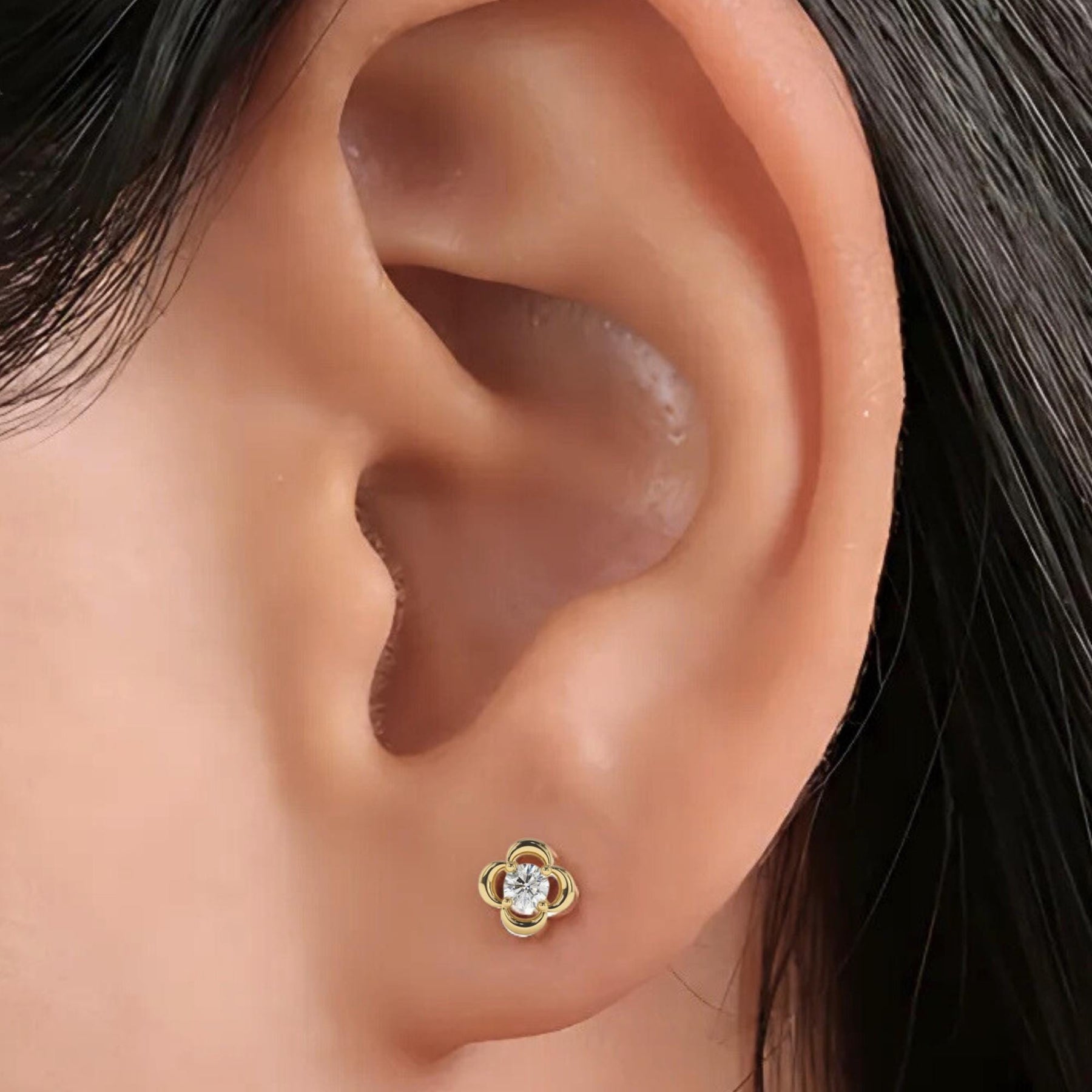 Solid 14K Gold Earrings, Diamond Clover Stud Earrings, Round Lab Diamond Cluster Earrings, Clover Stud Earrings, Cluster Earrings