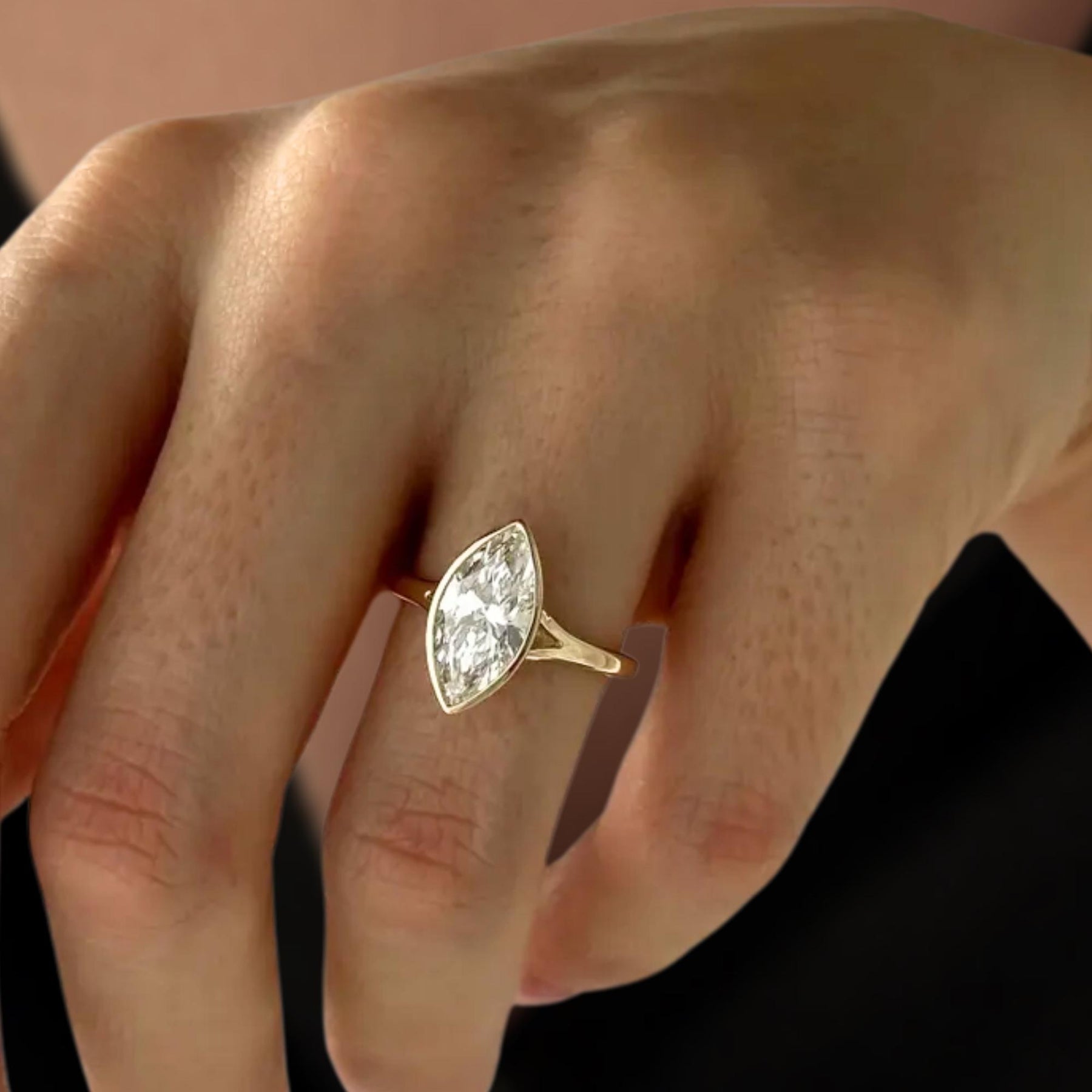 2 Carat Marquise Lab Created Diamond Bezel Set Ring / Split Shank Engagement Ring / 14k Gold Cathedral Solitaire Ring / F VS1 IGI Certified