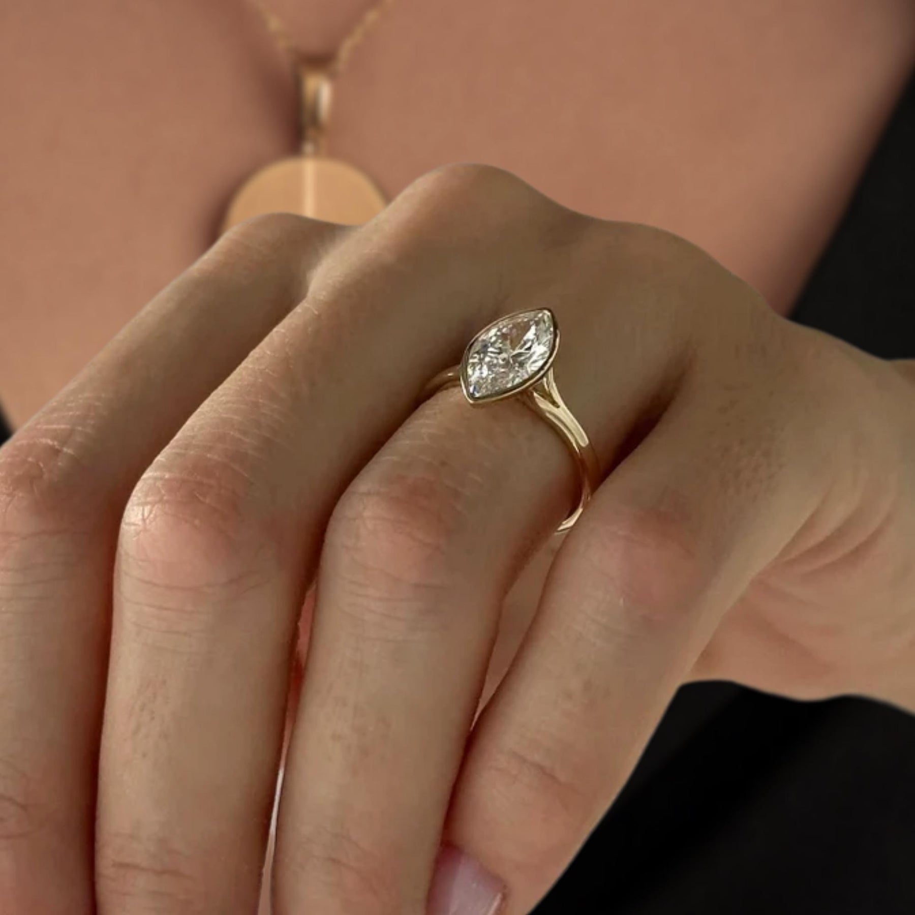 2 Carat Marquise Lab Created Diamond Bezel Set Ring / Split Shank Engagement Ring / 14k Gold Cathedral Solitaire Ring / F VS1 IGI Certified