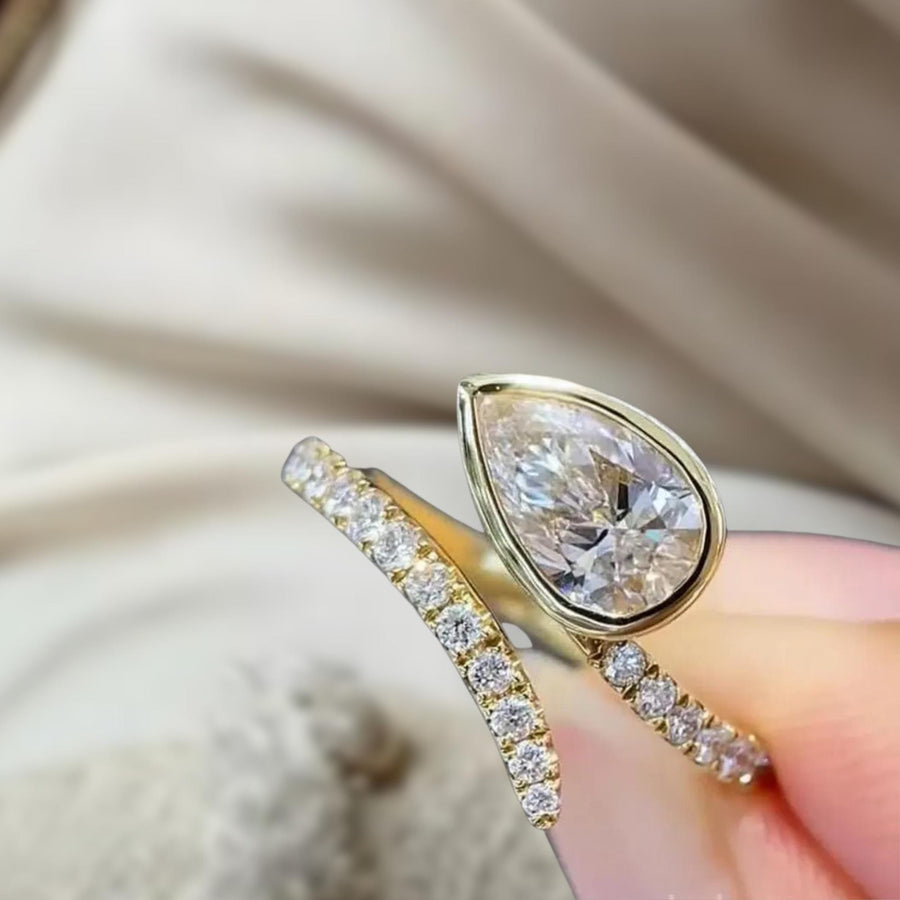 1.00 Carat Pear Cut Lab Grown Diamond Cross Ring, CVD Diamond Solitaire Ring For Wedding Gift, 14K Yellow Gold Anniversary Ring For Her