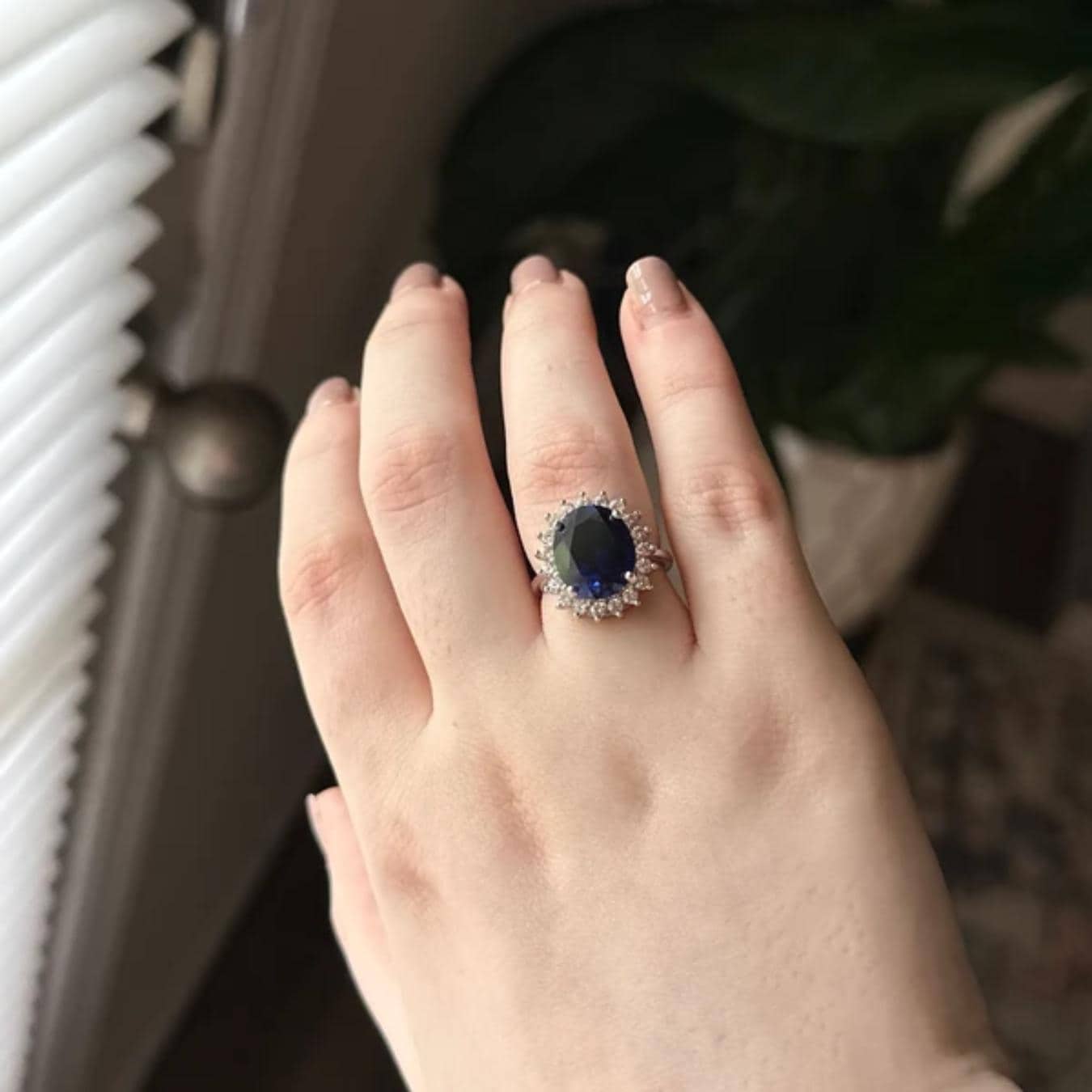 Blue sapphire and moissanite halo engagement ring - Princess Diana, Kate Middleton available in white gold or sterling silver