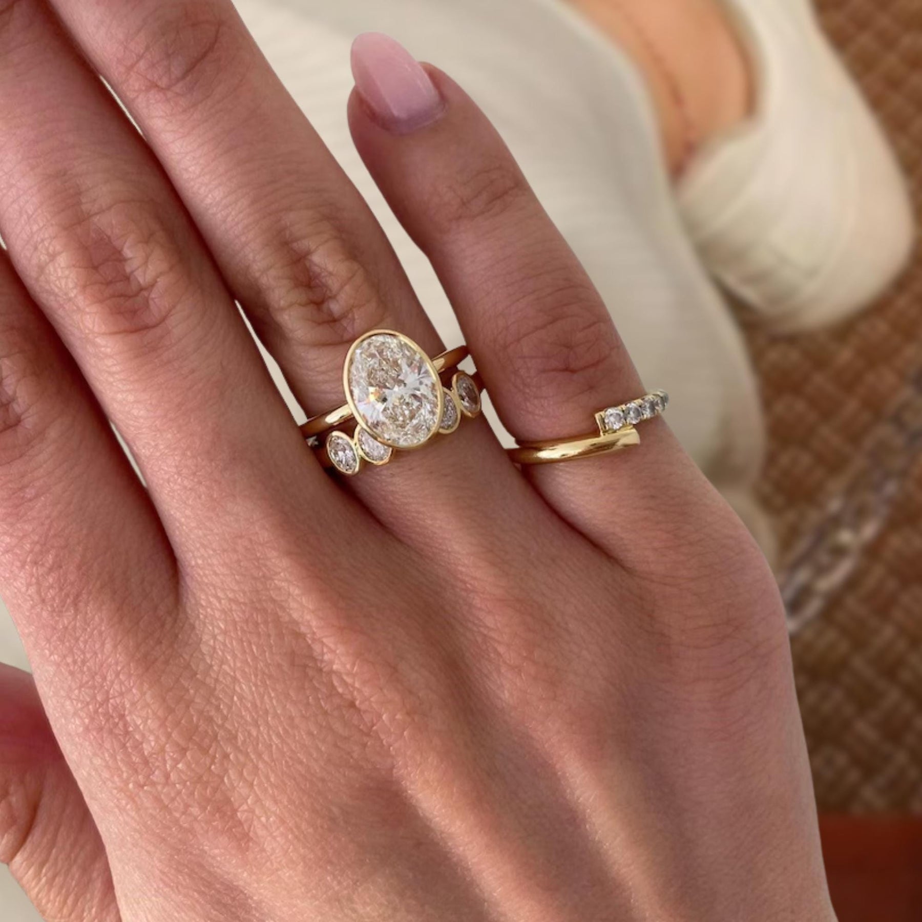 Wedding Ring Oval Shaped, 1.80 ctw 14k Gold Bezel Setting Nine Stone Oval Shape Lab Grown Diamond Ring, Stacking Anniversary Gift, Sofia