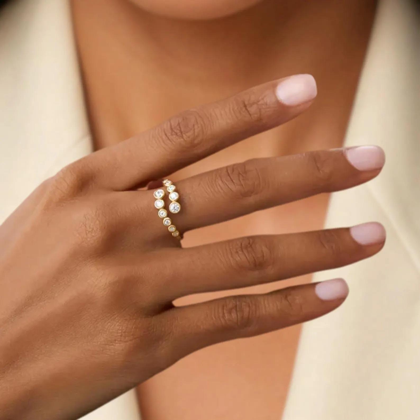 14k Gold Diamond Statement Ring, 0.35 ctw Diamond Bypass Bezel Setting Ring, Cross Over Open Bezel Set Handmade Ring, Birthday Gift