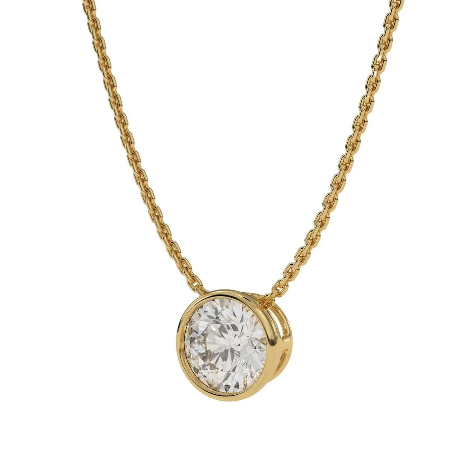 Round Solitaire Pendant Necklace, 14K Gold Bezel Diamond Necklace, Dainty Necklace, Modern Handmade Jewelry, Necklace for women