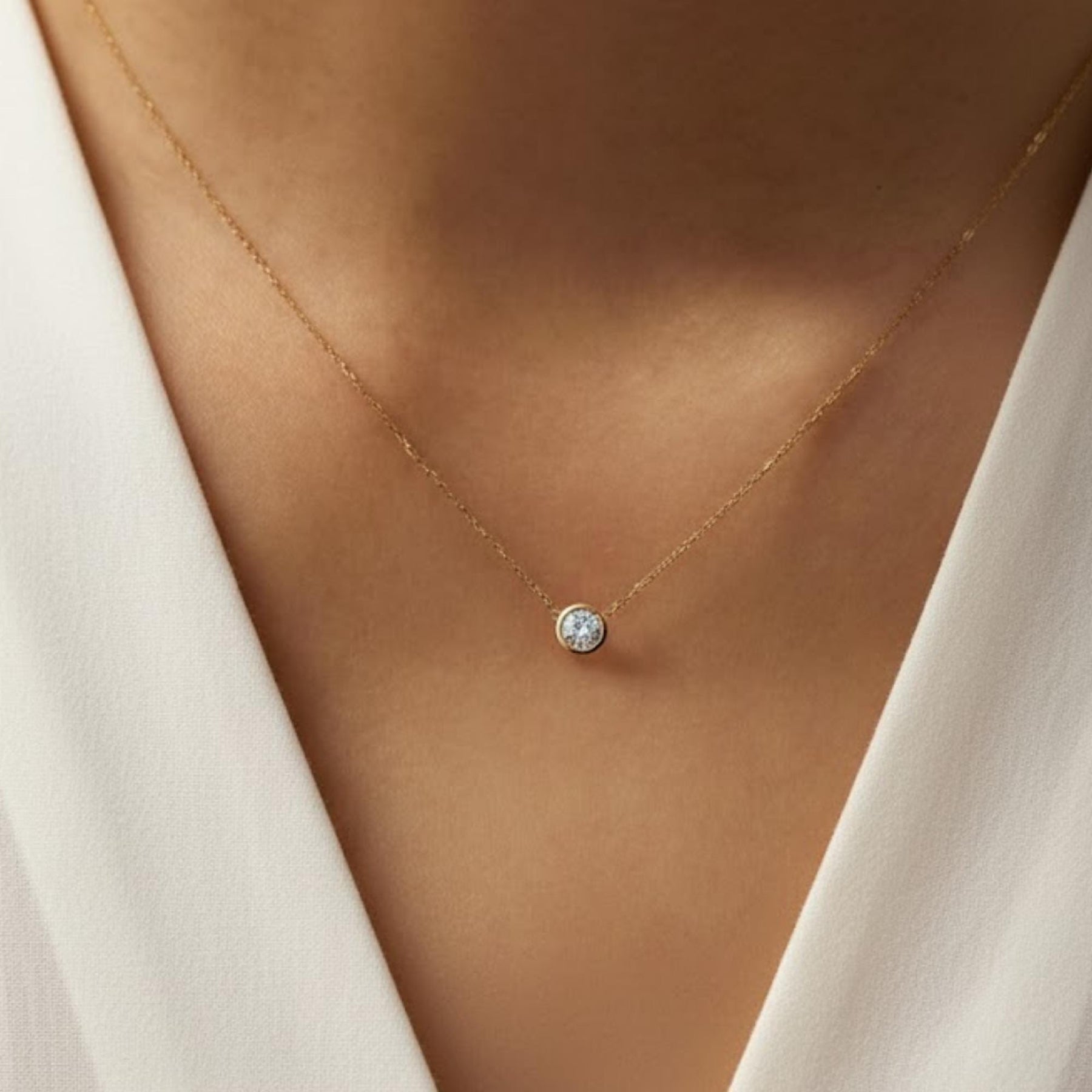 Round Solitaire Pendant Necklace, 14K Gold Bezel Diamond Necklace, Dainty Necklace, Modern Handmade Jewelry, Necklace for women