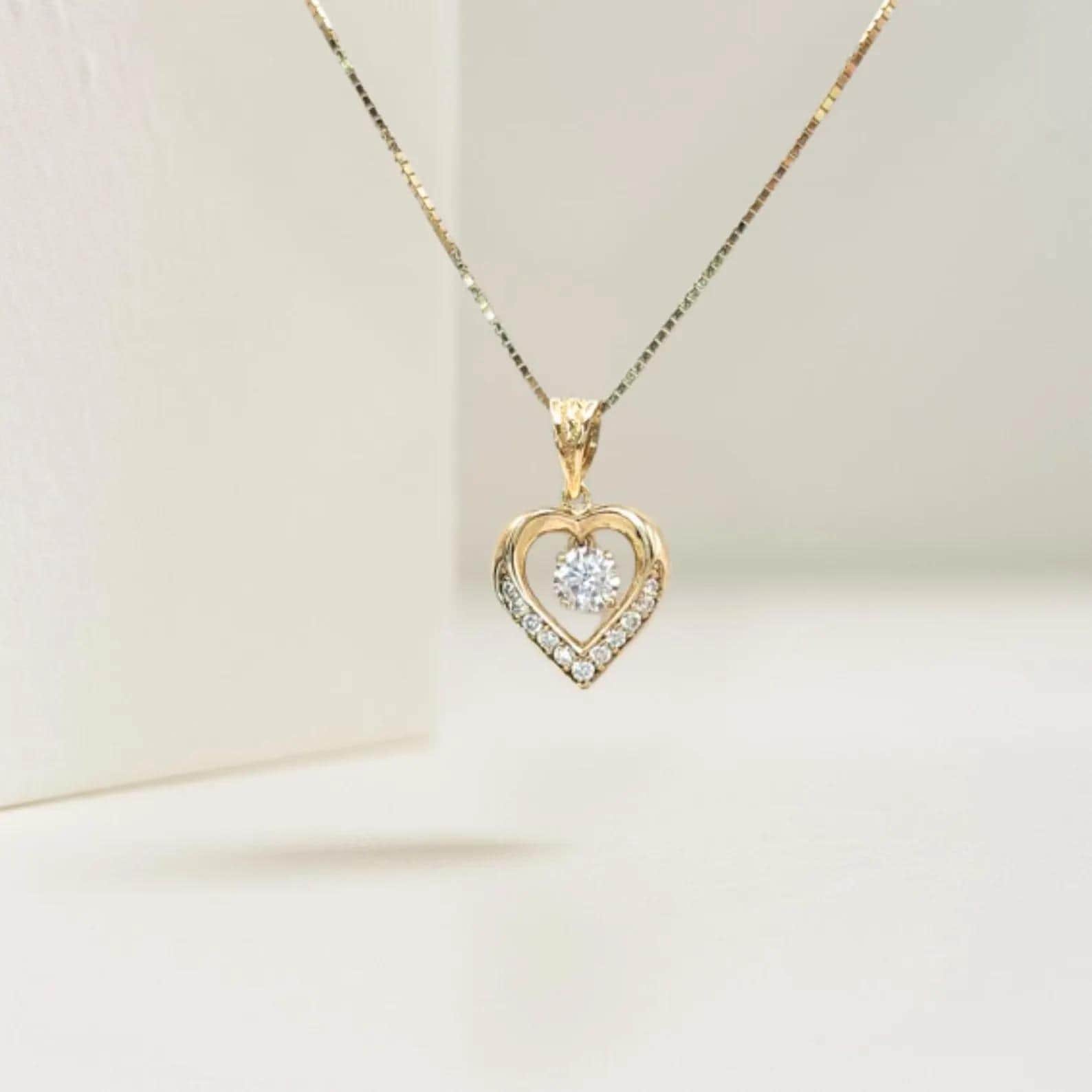 14k Gold Diamond Heart Necklace / Lab Diamond Heart Necklace / Solid Gold Heart Pendant for Women /Sterling Silver Dancing Pendant