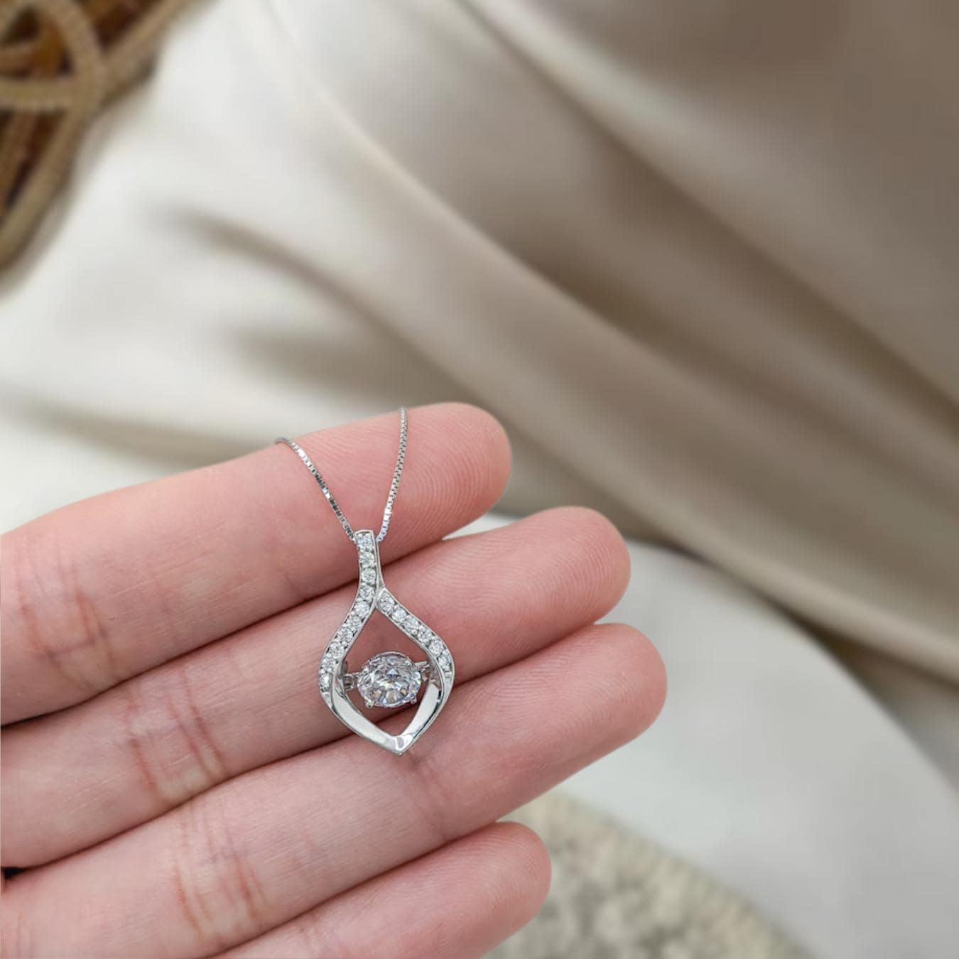 14k Solid Gold Dancing Diamond Necklace, Lab Grown Moving Diamond Pendant, Floating Diamond Charm, Real White Gold Fine Jewelry For Mom