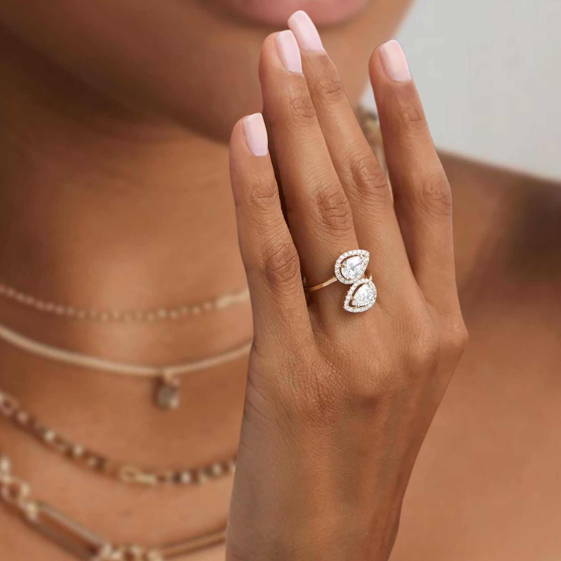 Diamond Ring, 14k Cross Over Pear Shaped Halo Setting Lab Grown Diamond Ring, Two Stone Halo Setting Statement Ring, Birthday Gift