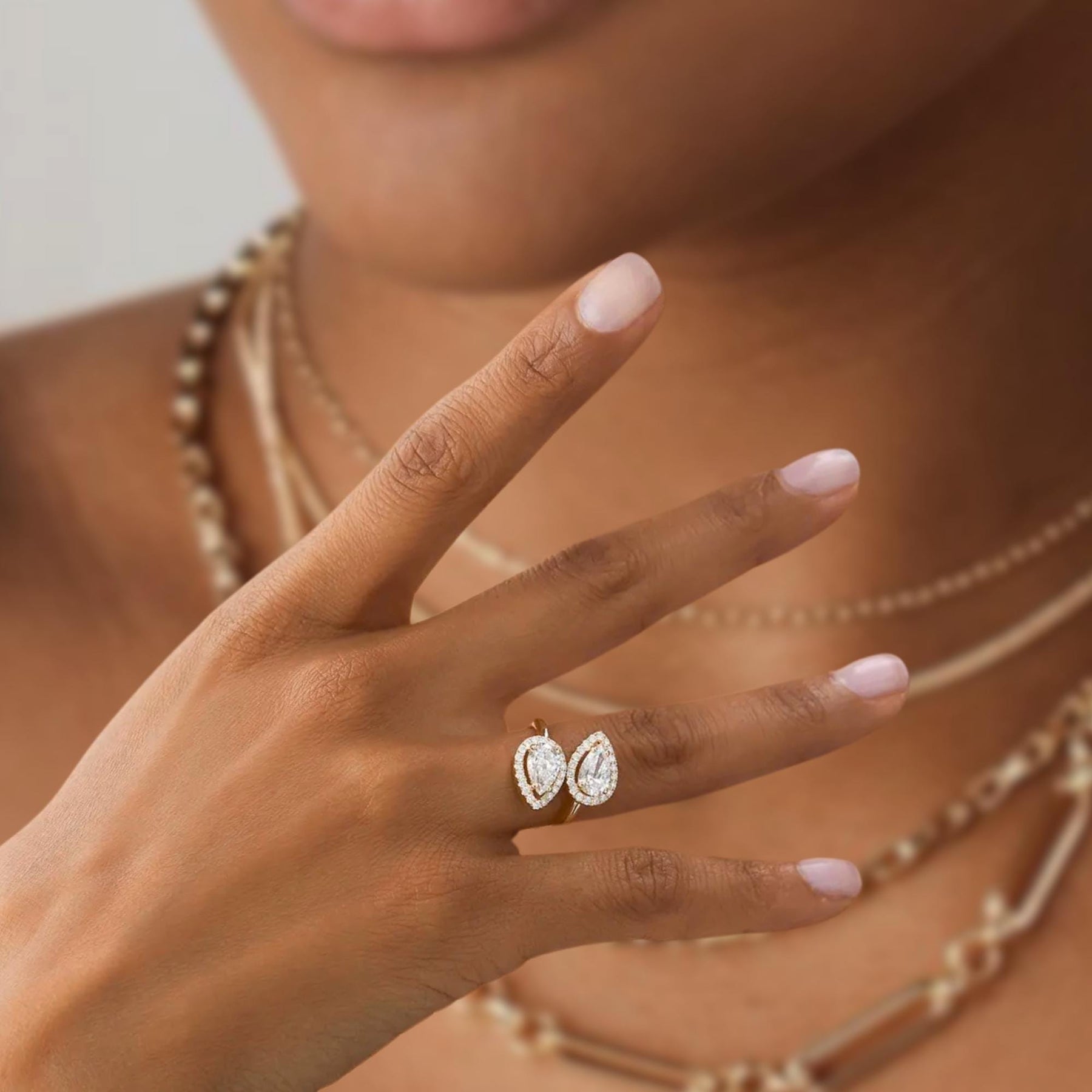 Diamond Ring, 14k Cross Over Pear Shaped Halo Setting Lab Grown Diamond Ring, Two Stone Halo Setting Statement Ring, Birthday Gift