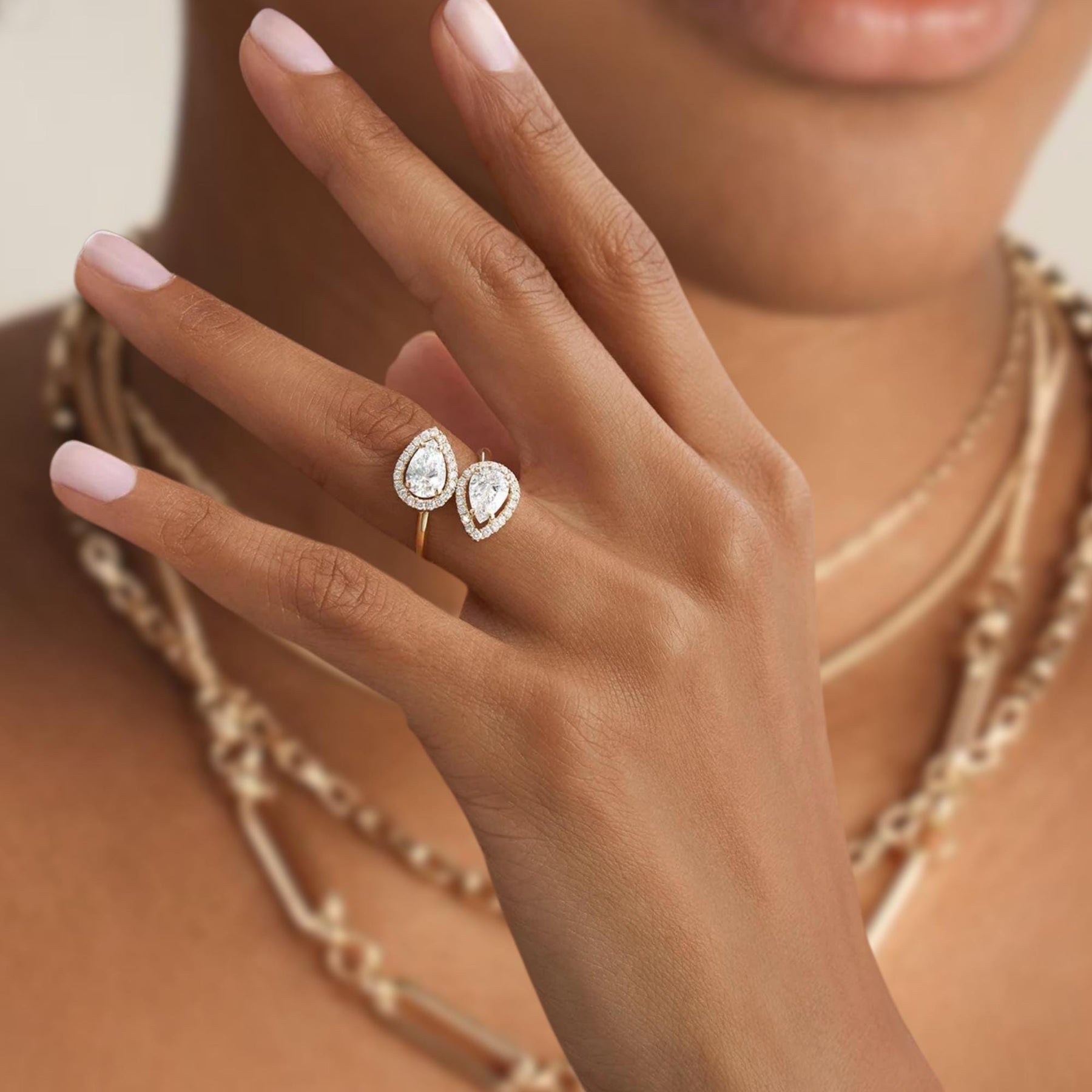 Diamond Ring, 14k Cross Over Pear Shaped Halo Setting Lab Grown Diamond Ring, Two Stone Halo Setting Statement Ring, Birthday Gift
