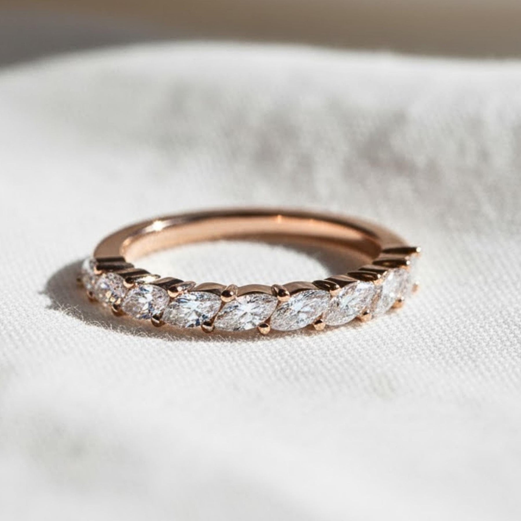 Lab Grown Diamond Half Eternity Ring: 14k Gold Marquise Stacking Band, Marquise Wedding Band, Shared Prong Band, Dainty Jewelry Gift