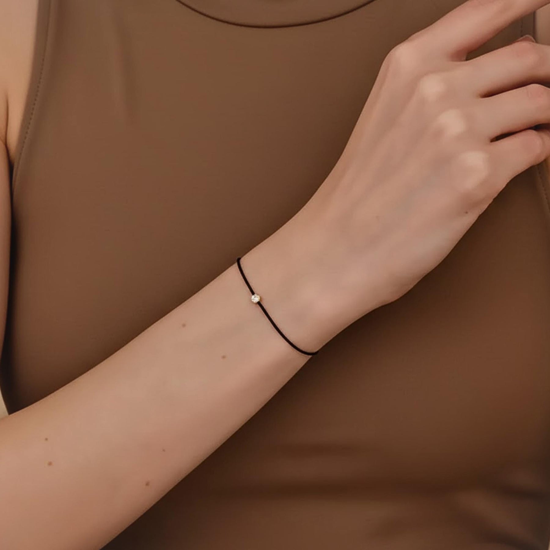 Solitaire Diamond Thread Bracelet, 14k Gold Bezel, Lab Diamond Charm, Black String, Minimalist Jewelry, Gift for Her, Lennox