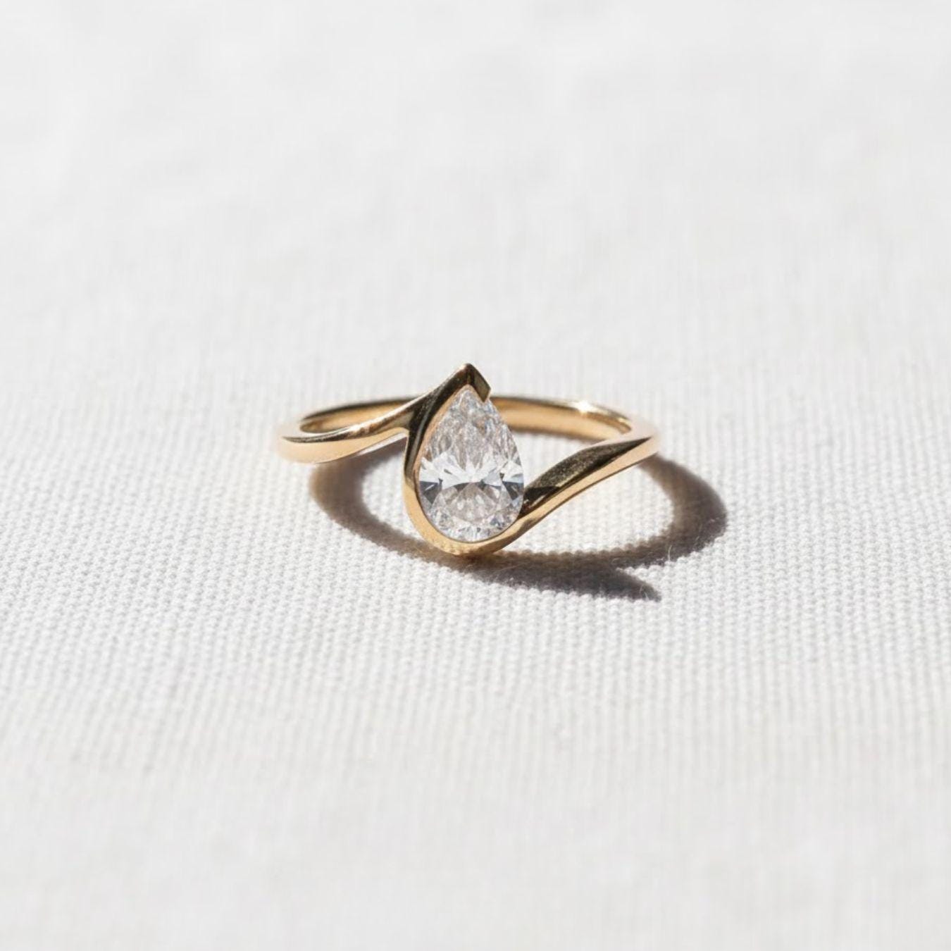Unique Bezel Setting Pear Cut Diamond Engagement Ring, 1.5 CT Pear Cut Colorless Diamond Wedding Ring, Half Bezel Set Anniversary Ring