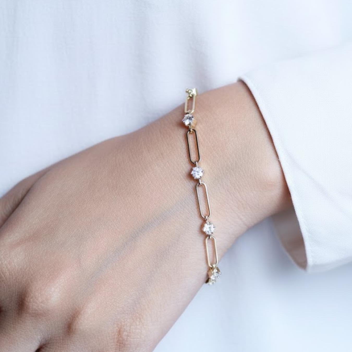 Paperclip Diamond Station Bracelet, Gold Chain Link Bracelet, Lab Diamond Accents, Minimalist Design, Subtle Elegance, Selene