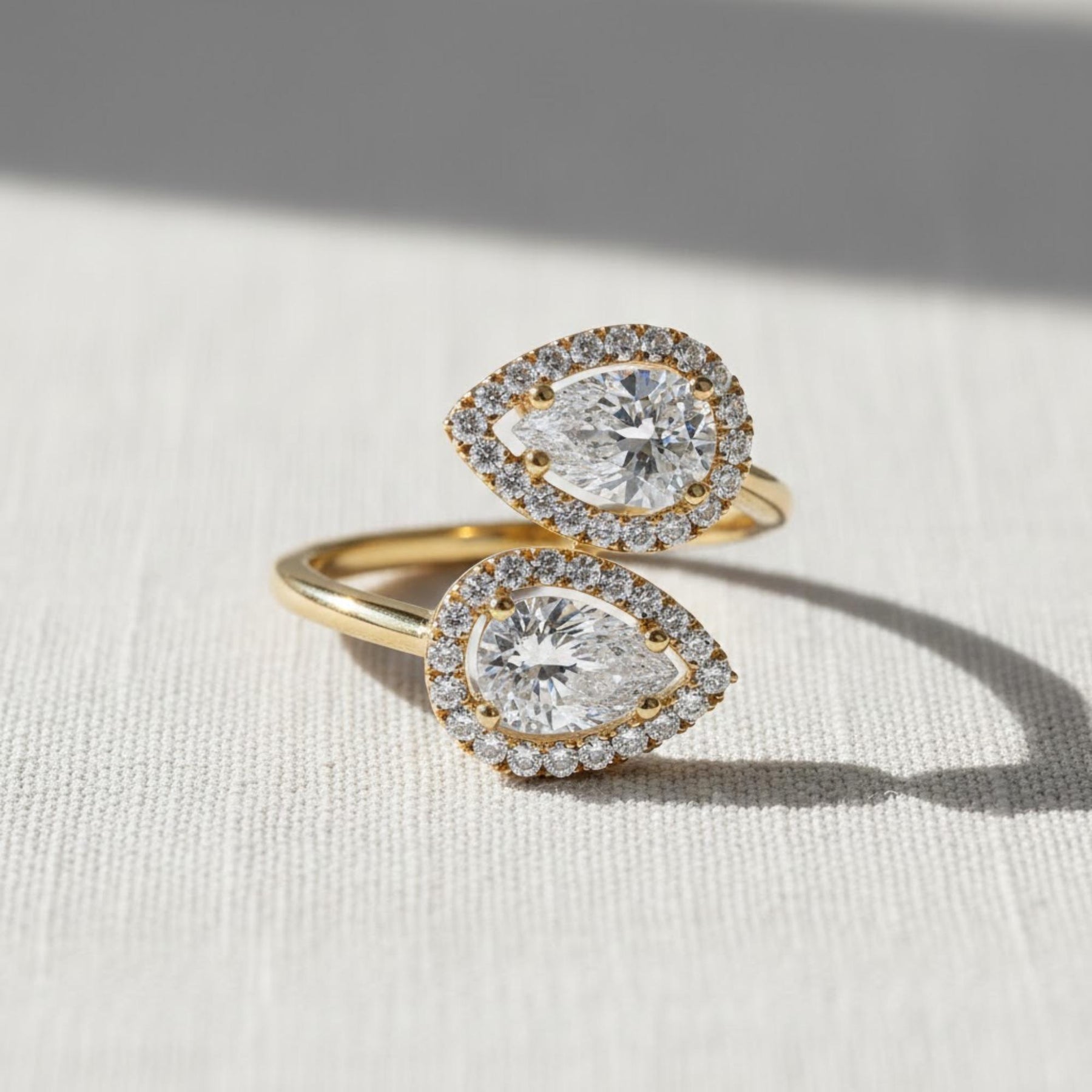 Diamond Ring, 14k Cross Over Pear Shaped Halo Setting Lab Grown Diamond Ring, Two Stone Halo Setting Statement Ring, Birthday Gift