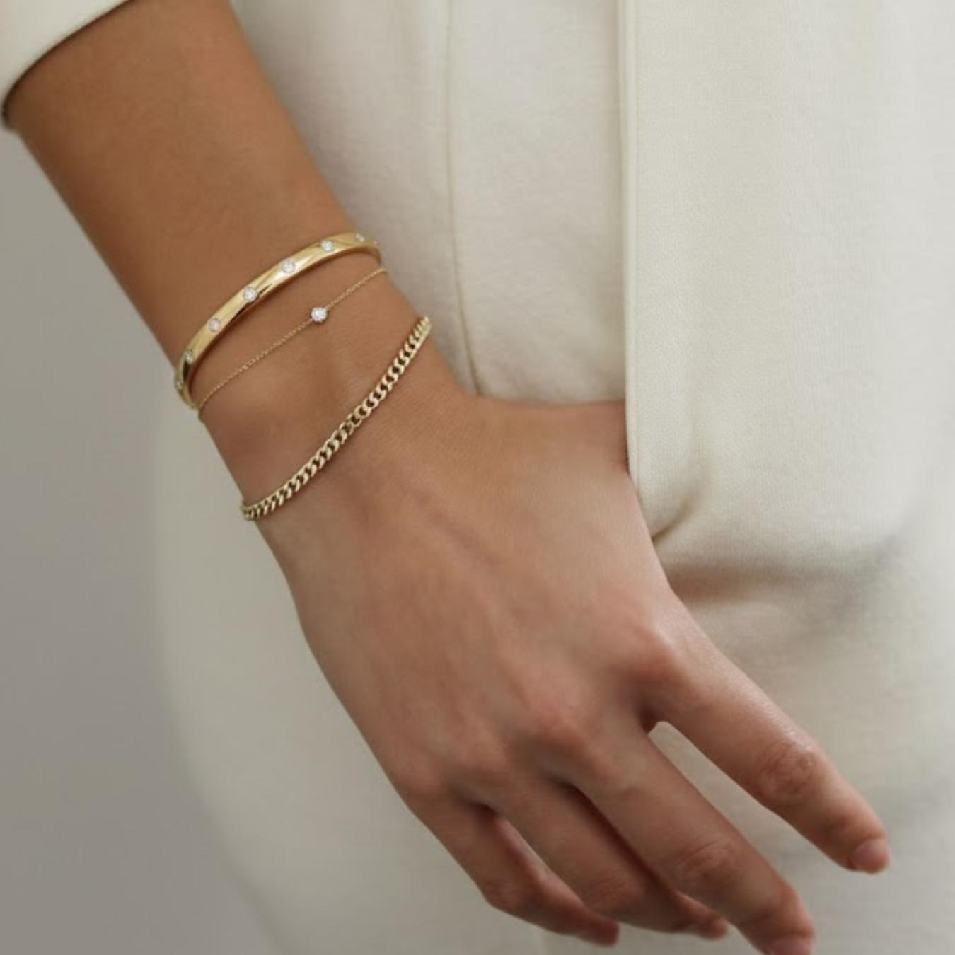 14K Round Diamond Bangle Bracelet, Bezel Setting Diamond Bangle, Gold Bangle Bracelet, Diamond Cuff Bangle, Stacking Diamond Bracelet
