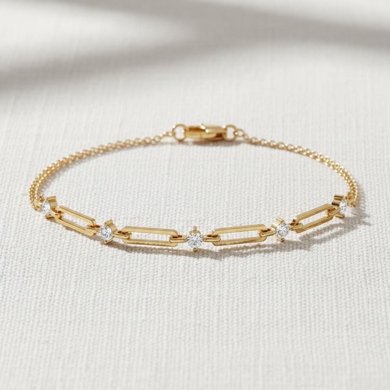 Paperclip Diamond Station Bracelet, Gold Chain Link Bracelet, Lab Create Diamond Accents, Minimalist Design, Subtle Elegance, Selene