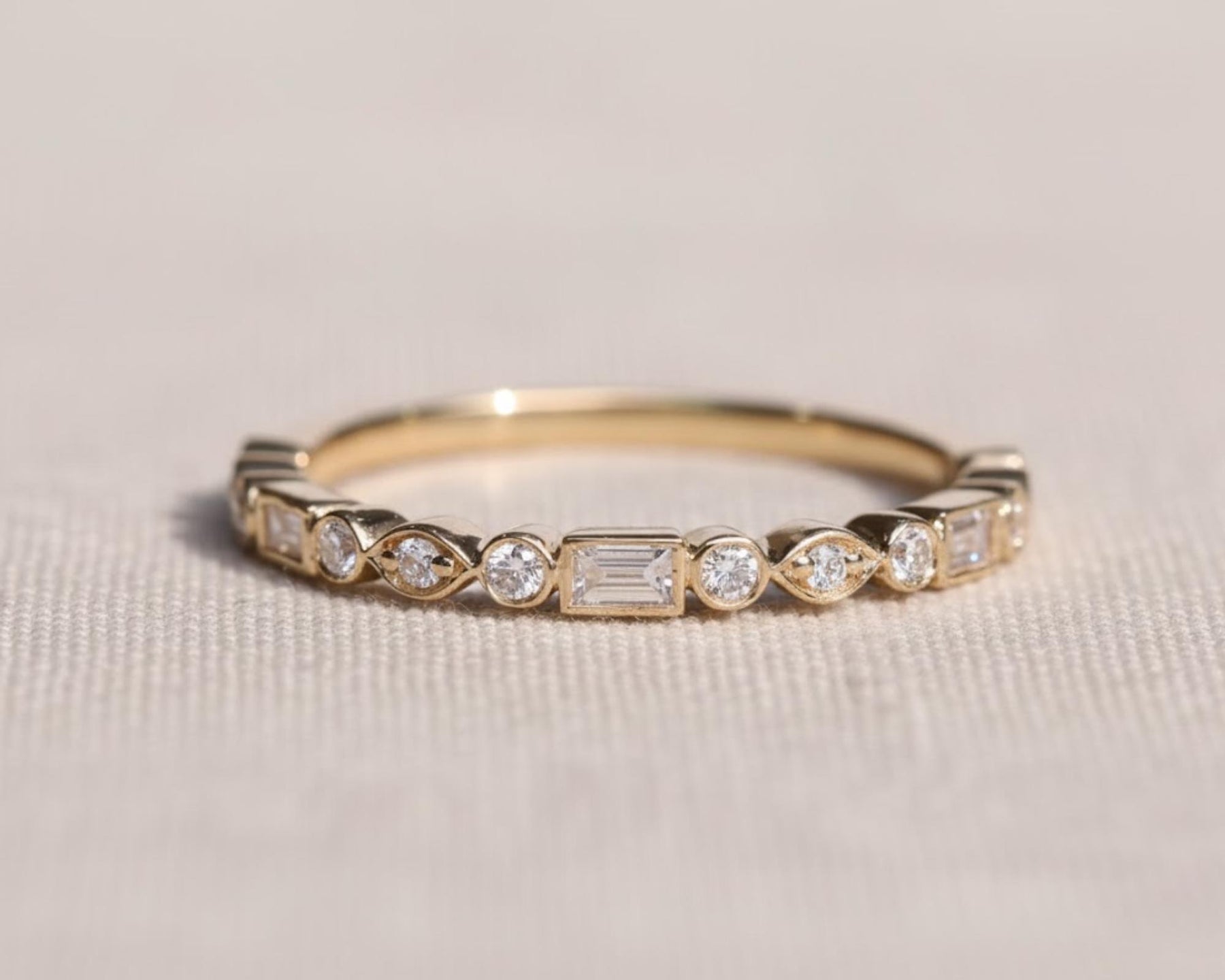 Diamond Wedding Band, 14k Gold 0.17 ctw Emerald & Round Cut Bezel Set Half Eternity Lab Grown Diamond Anniversary Ring, Bridal Ring