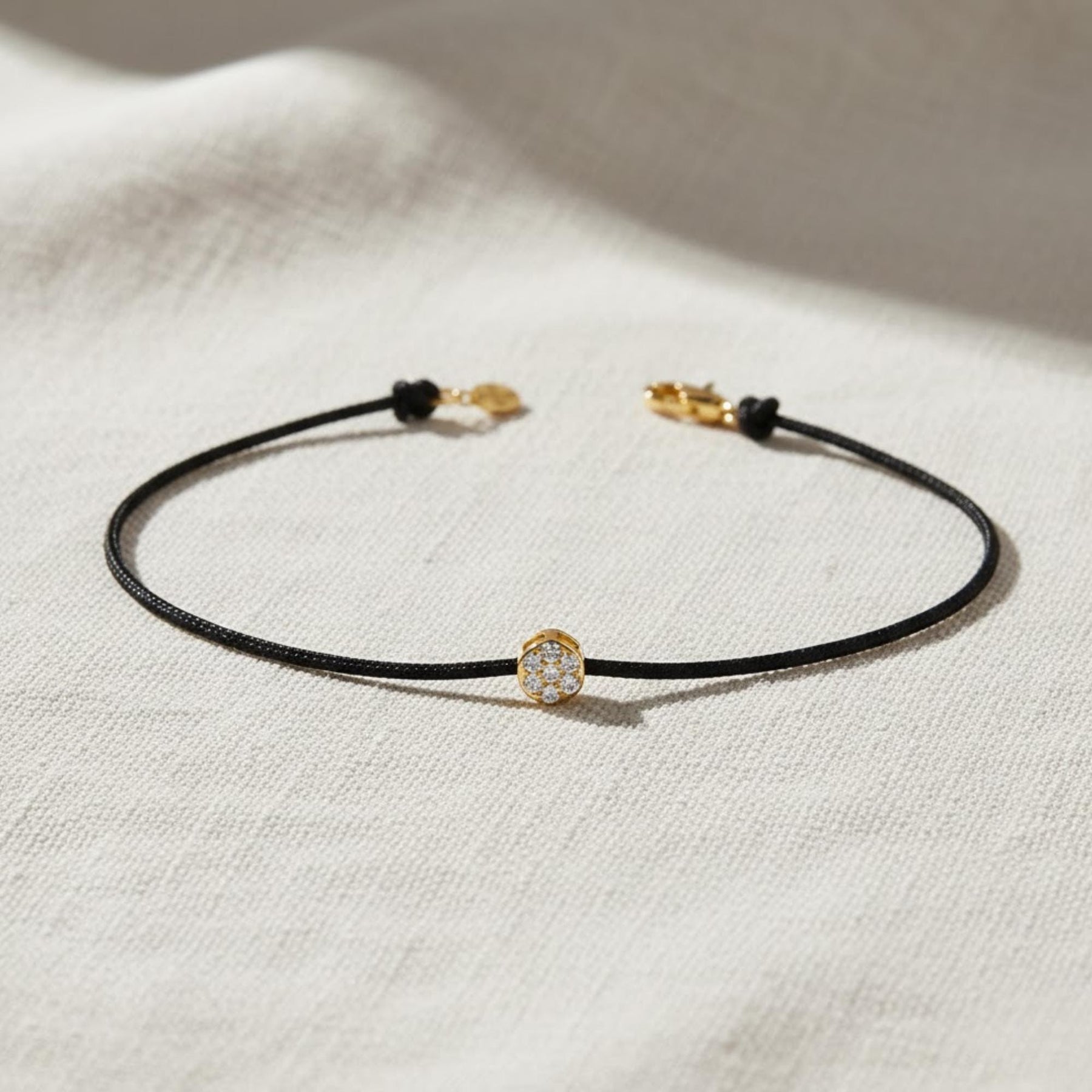 Solitaire Diamond Thread Bracelet, 14k Gold Bezel, Lab Diamond Charm, Black String, Minimalist Jewelry, Gift for Her, Lennox