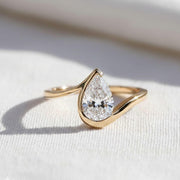 Unique Bezel Setting Pear Cut Diamond Engagement Ring, 1.5 CT Pear Cut Colorless Diamond Wedding Ring, Half Bezel Set Anniversary Ring