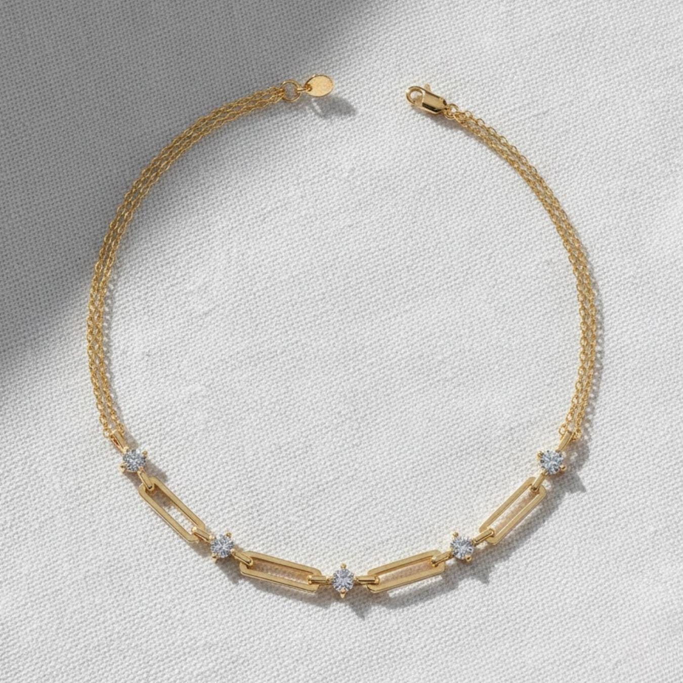 Paperclip Diamond Station Bracelet, Gold Chain Link Bracelet, Lab Create Diamond Accents, Minimalist Design, Subtle Elegance, Selene
