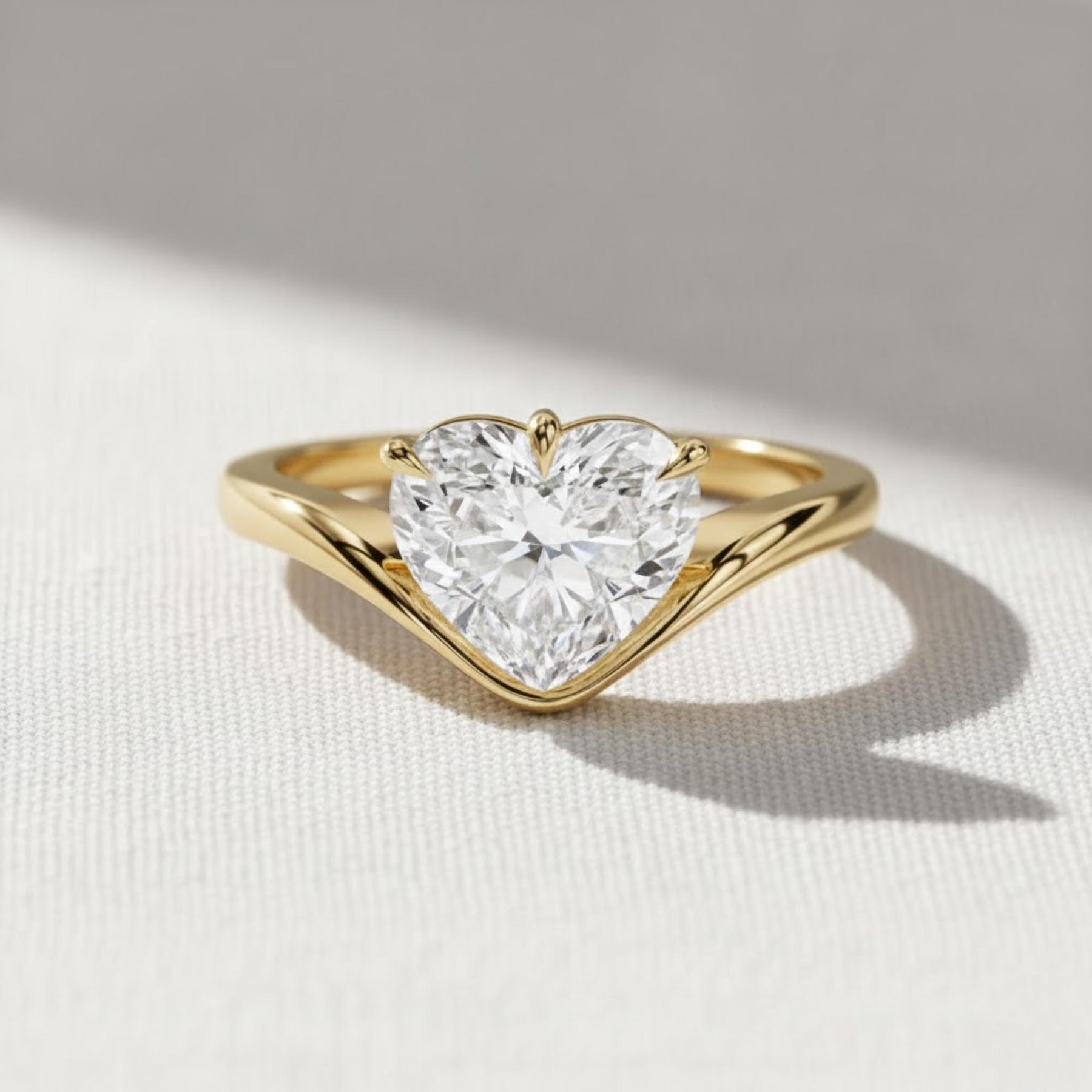 2 Carat Heart Shape Lab Grown Diamond Solitaire Ring , Curved Heart Diamond Engagement Ring , Unique Nested Ring in Yellow Gold, CVD Diamond