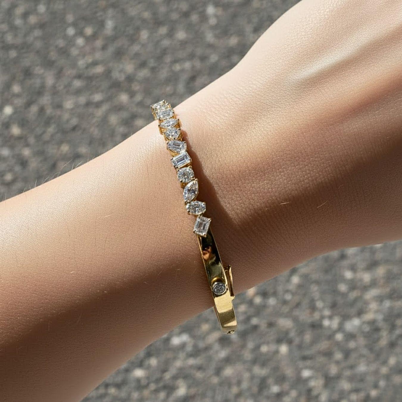 Lab Grown Diamond  Bangle Bracelet for Women, Mix Cut Diamond  Bangle Bracelet For Wedding, Multi Shape Solid Gold Diamond Bracelet