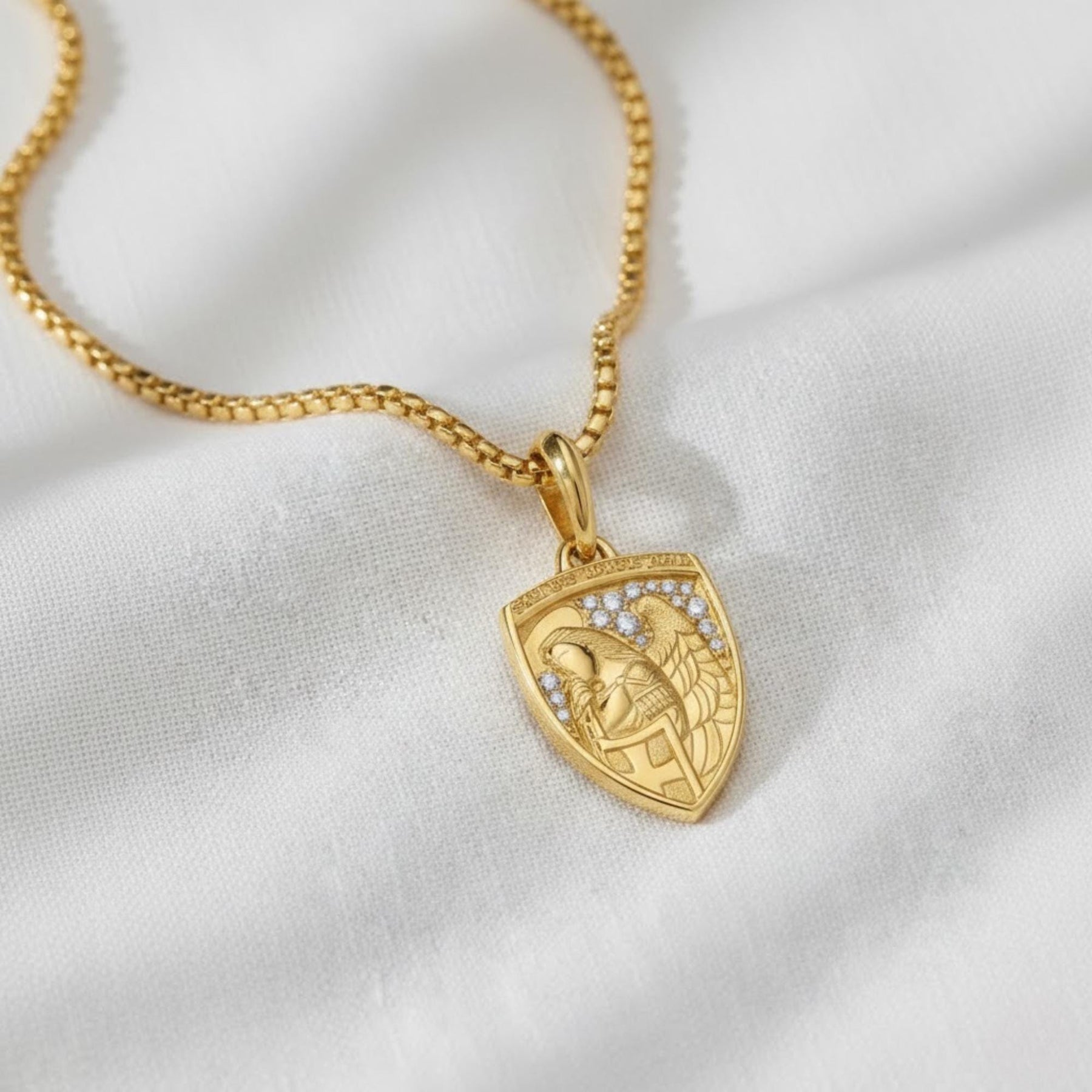 14K Gold St Michael Medallion Necklace with Lab Grown Diamonds,Catholic Pendant, Religious Gift for Men, Shield Jewelry, Protective Necklace