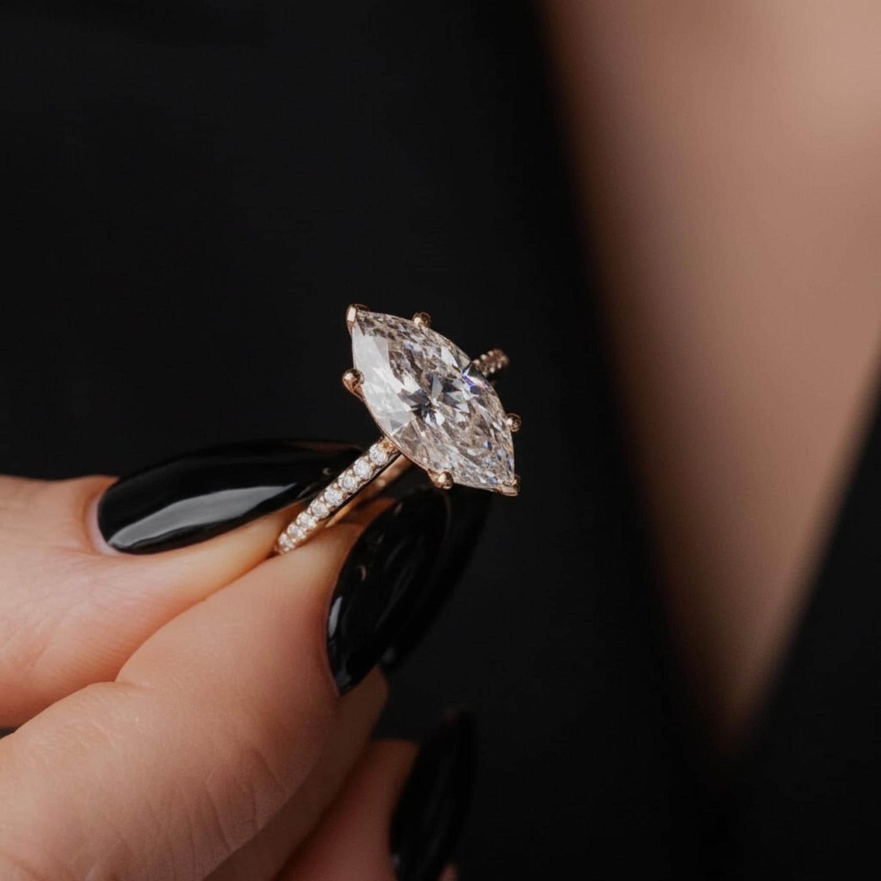 The Rosalie 2.5-Carat Marquise-Cut Lab-Grown Diamond Hidden Halo Engagement Ring with a Pavé Band in 10K or 14K Solid Gold