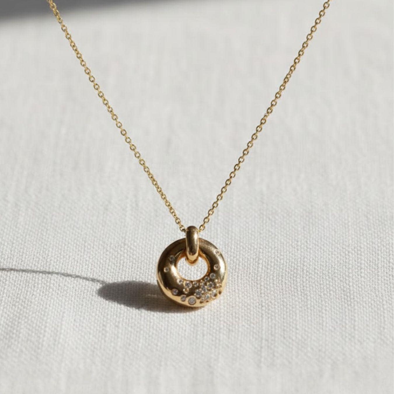 14k Gold Diamond Circle Necklace: Floating Pendant, Circle of Life, Donut Necklace