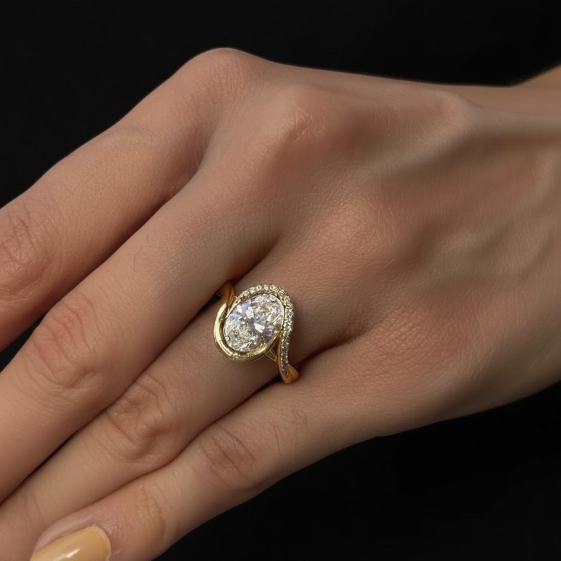 2.00 CT Oval Lab Grown Diamond Engagement Ring: 14k Yellow Gold Bypass Diamond Ring
