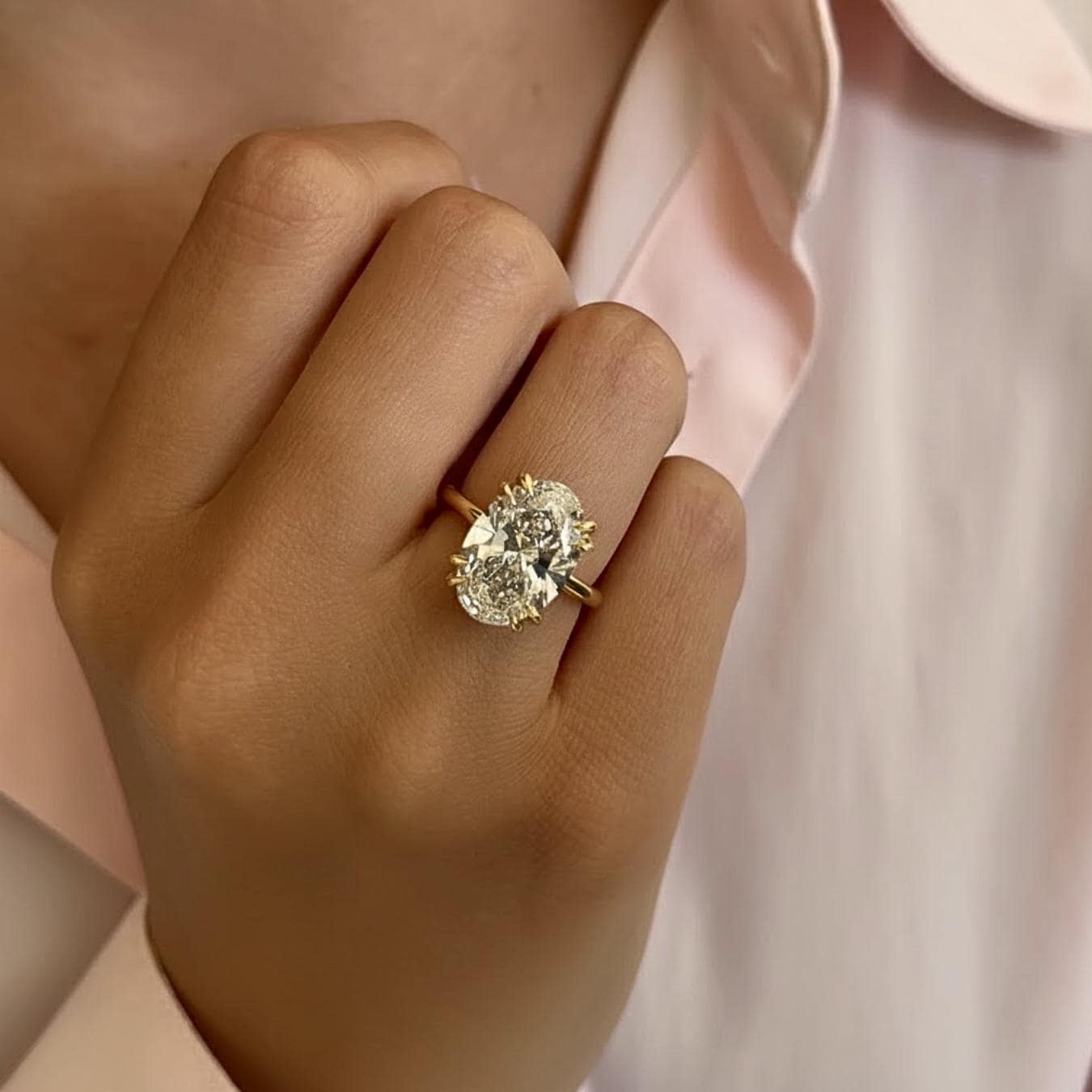 5 Carat Oval Lab Grown Diamond Solitaire Ring / Huge CVD Diamond / Double Claw Prong Engagement Ring in Yellow Gold IGI Certified.